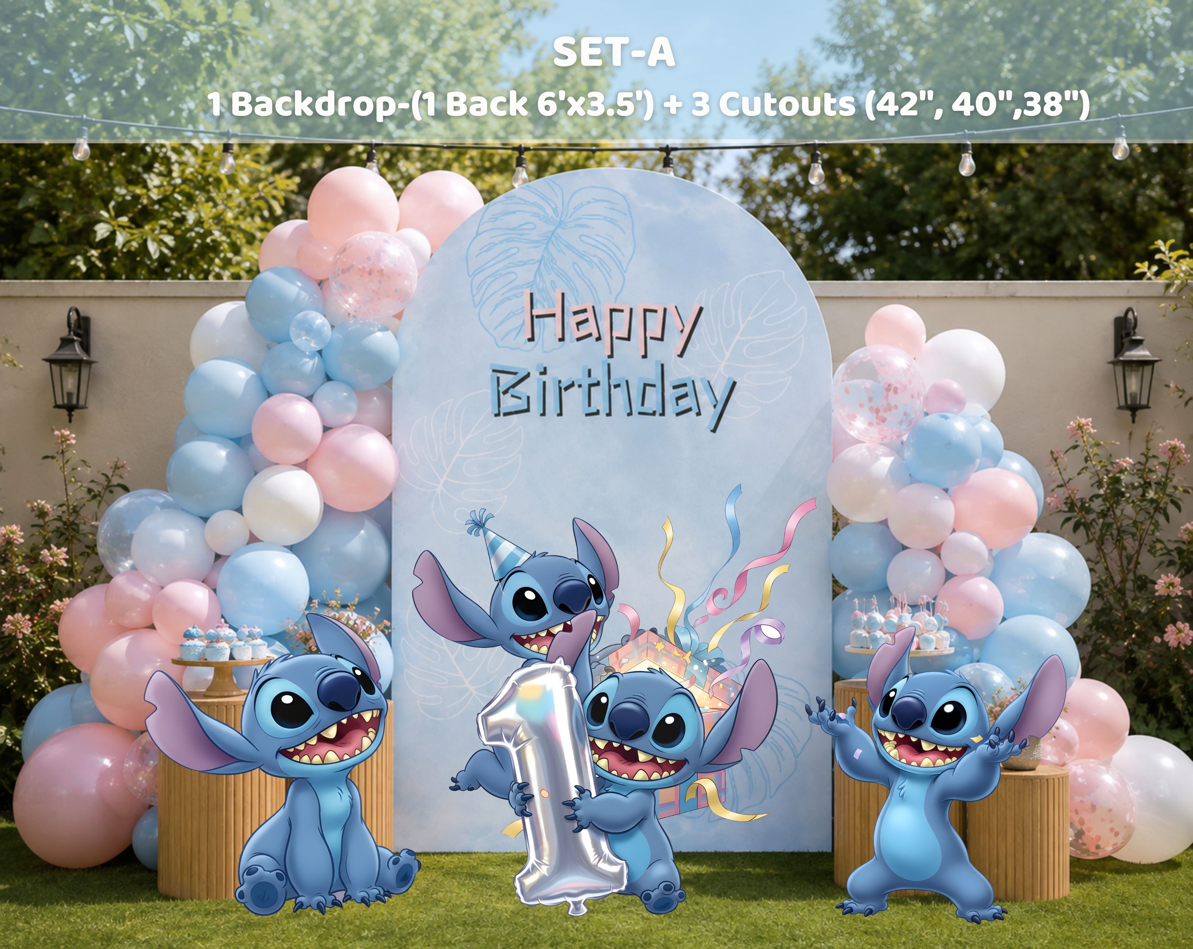 Outdoor blue alien birthday backdrop with pastel balloons, layered panels and character cutouts for a personalized celebration.