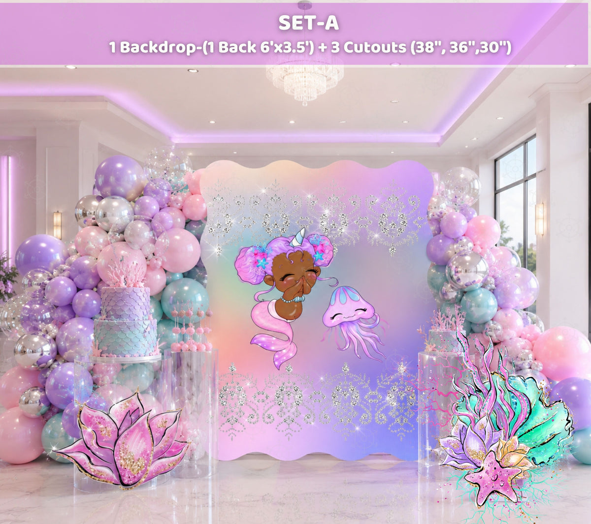Pastel little mermaid party backdrop with personalized panel and soft ocean themed birthday decorations