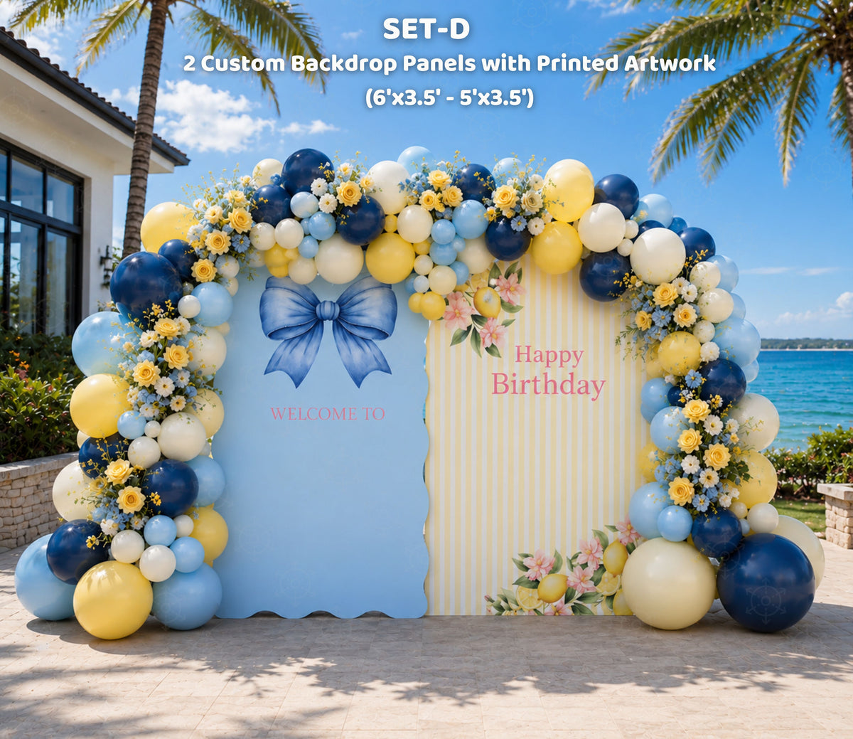 Light blue lemon birthday backdrop with navy and yellow balloons and personalized party decor