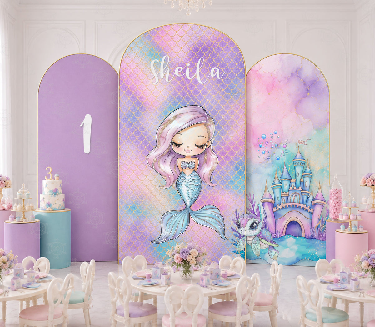 Mermaid under the sea party decorations with pastel character cutouts and personalized birthday backdrop