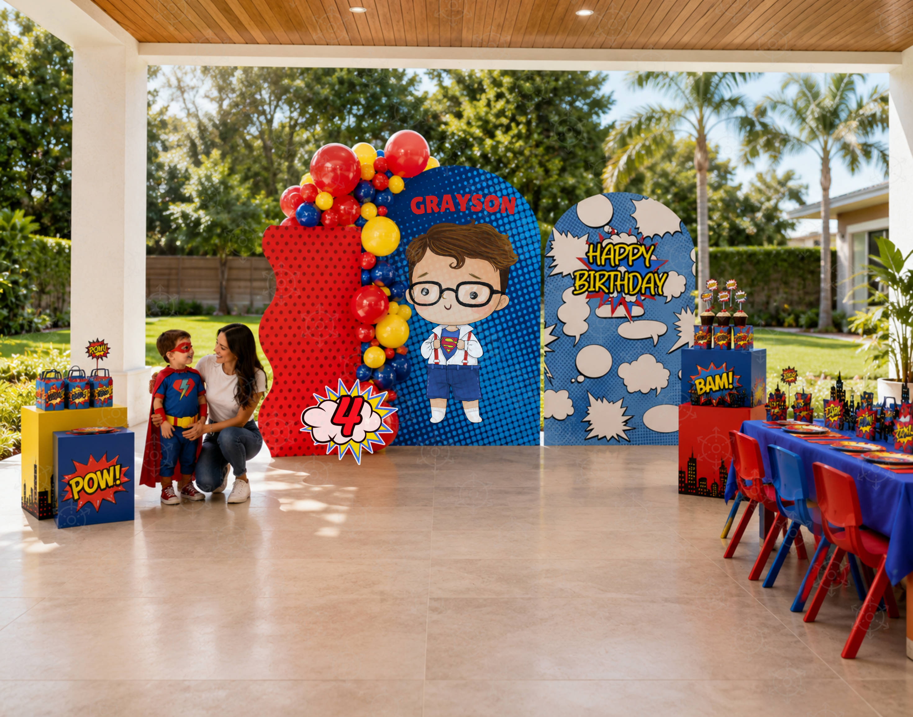 Superhero First Birthday Backdrop & Cutouts | Personalized Comic City Party Decorations