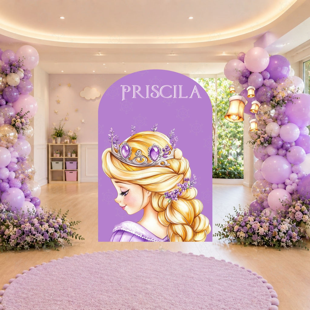 Round princess birthday panel with personalized name, lantern illustration and fairytale details for a custom long hair princess party setup.