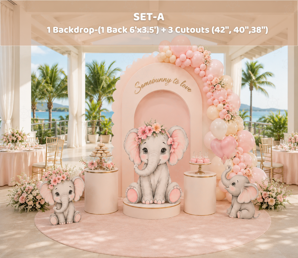 Personalized baby elephant backdrop and cutout set in blush pink for a baby shower or christening celebration.