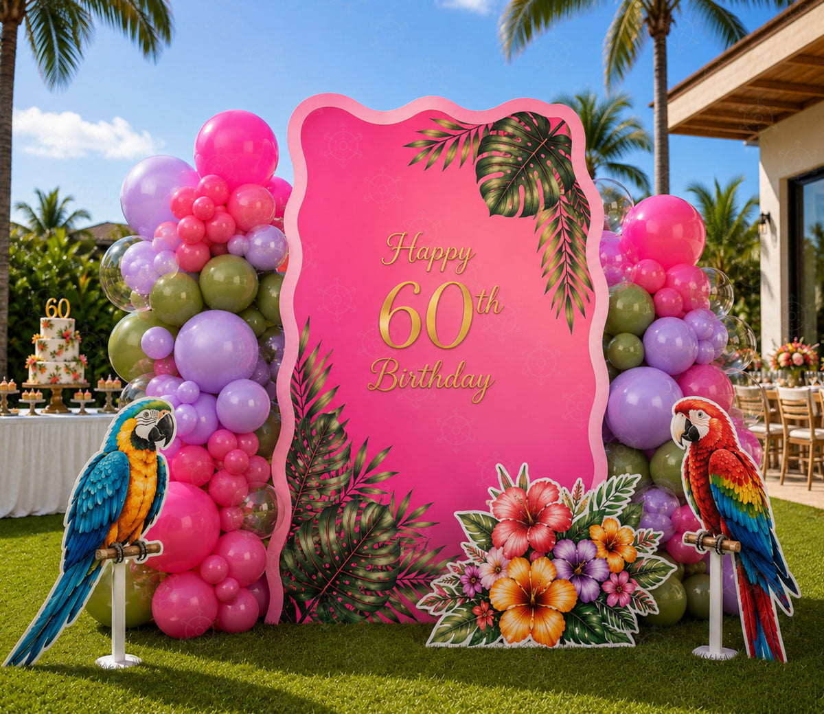 Hot pink tropical bird birthday backdrop with colorful parrots, balloons and floral party decor