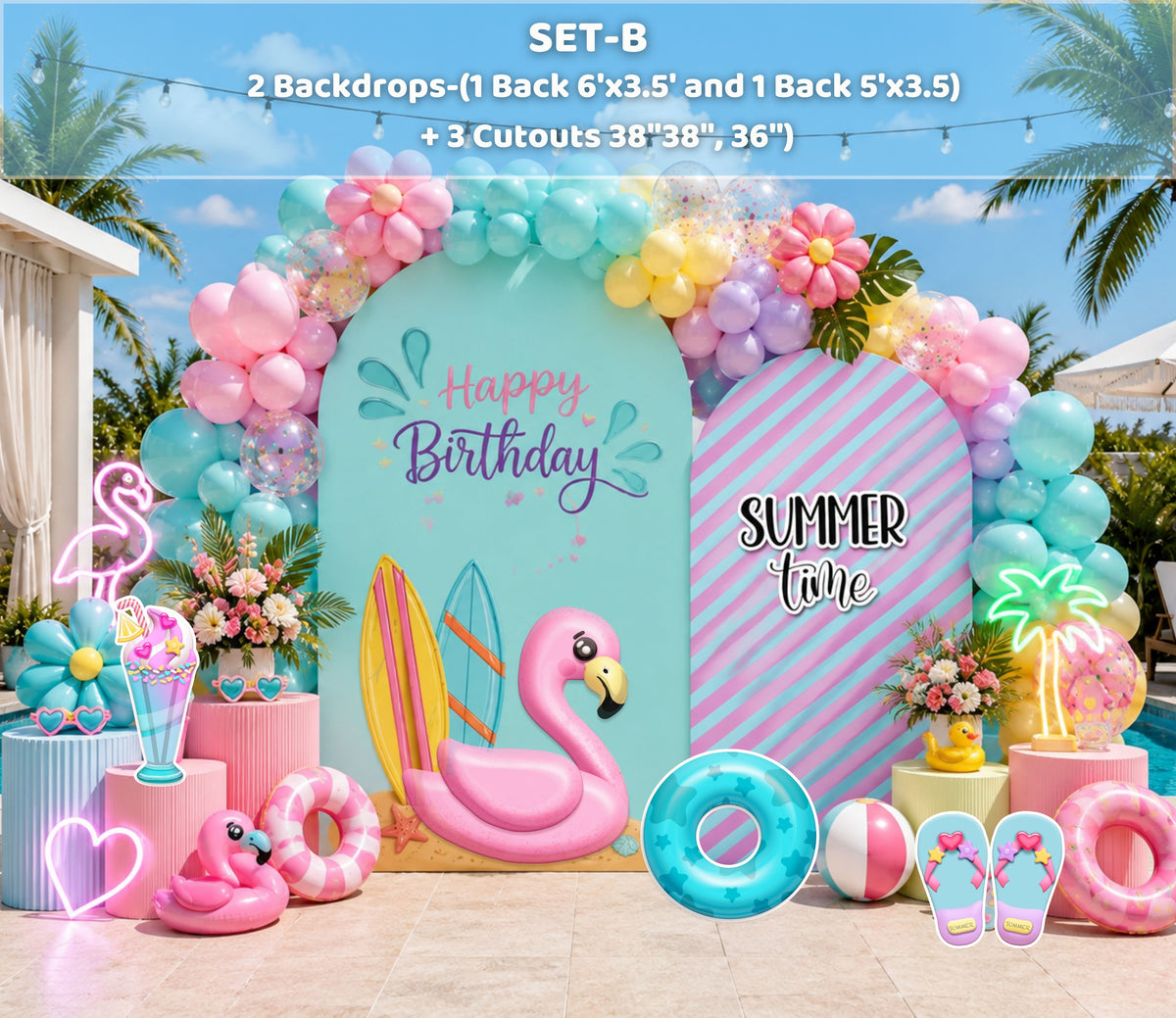 Pastel summer birthday backdrop with aqua and coral arch panels, flamingo decor and colorful pool party styling.