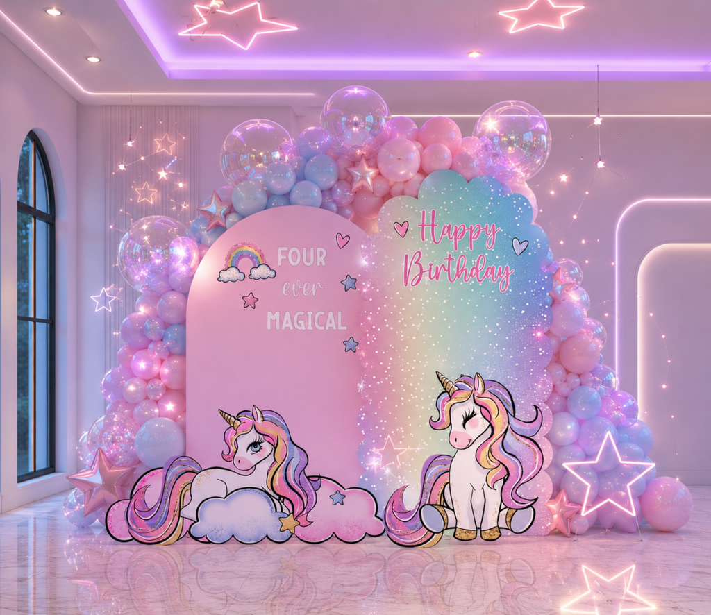 Pink and purple unicorn birthday backdrop with glowing pastel arches, balloon decor and unicorn cutouts for an indoor celebration.