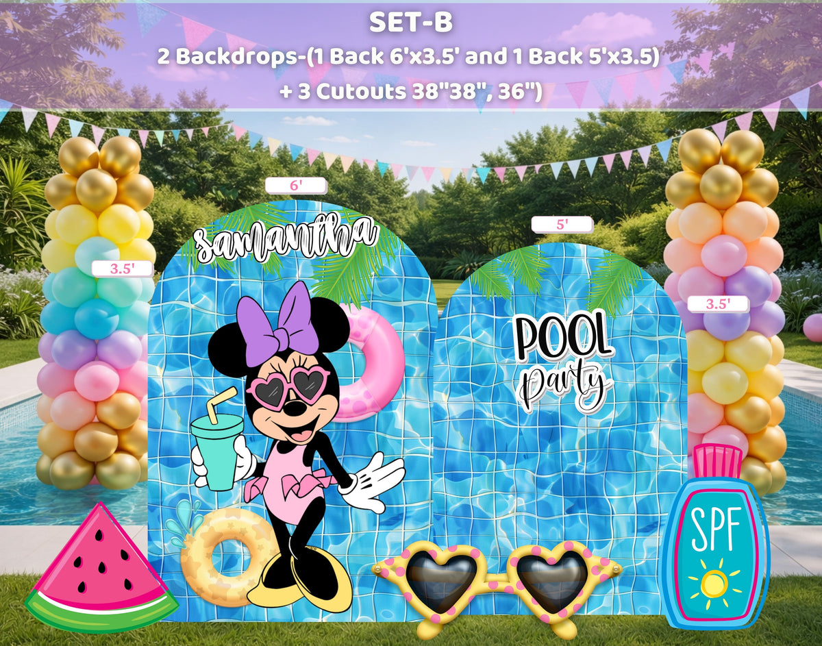 Personalized Minnie Mouse summer birthday backdrop with tropical floral decor, pool floats and colorful party styling beside a swimming pool.