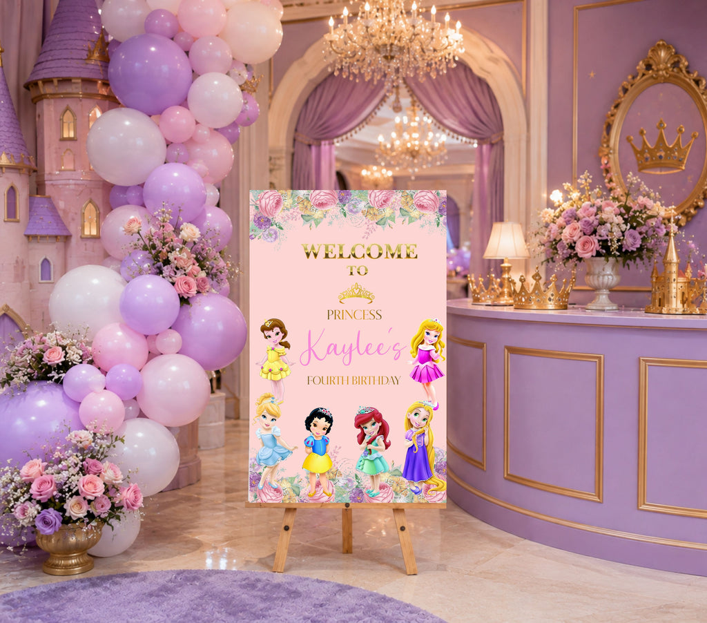 Personalized fairytale princess welcome sign displayed in a luxury party setting with pastel balloons, flowers and elegant birthday decor.