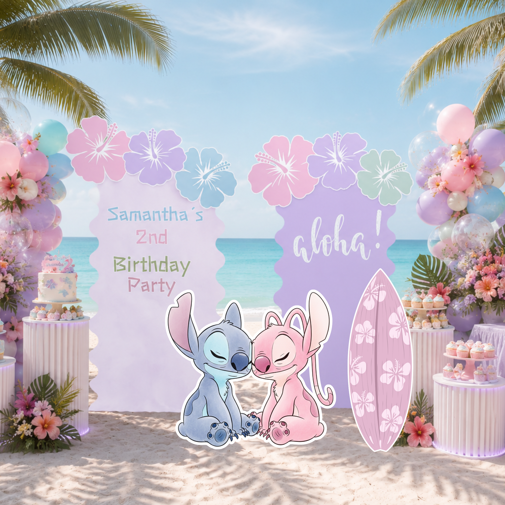 Pastel Blue Alien Beach Birthday Backdrop & Cutouts | Personalized Tropical Kids Party Decorations
