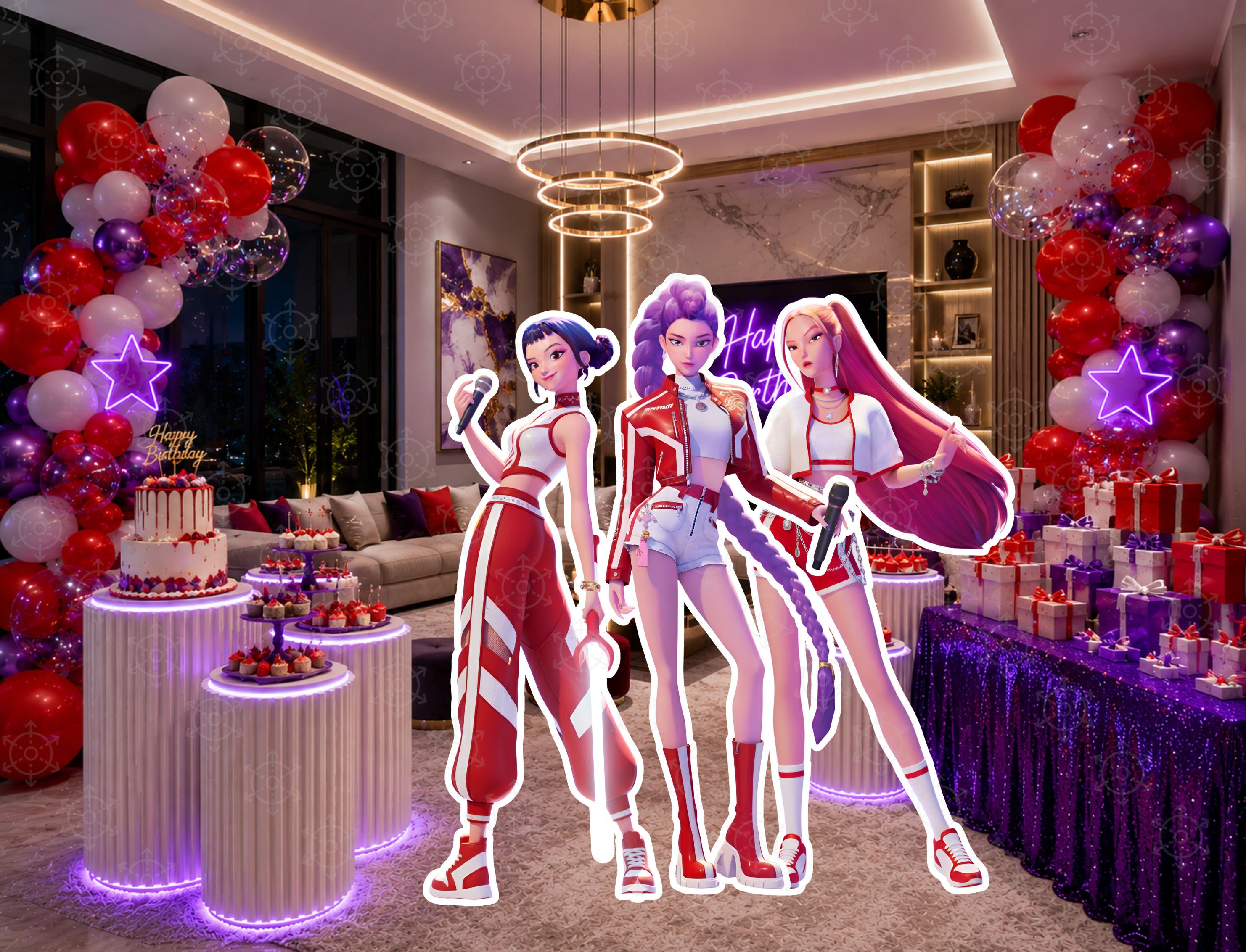 Indoor teen music birthday setup with pink and purple concert backdrop, large performer cutouts and dramatic stage inspired party decor.