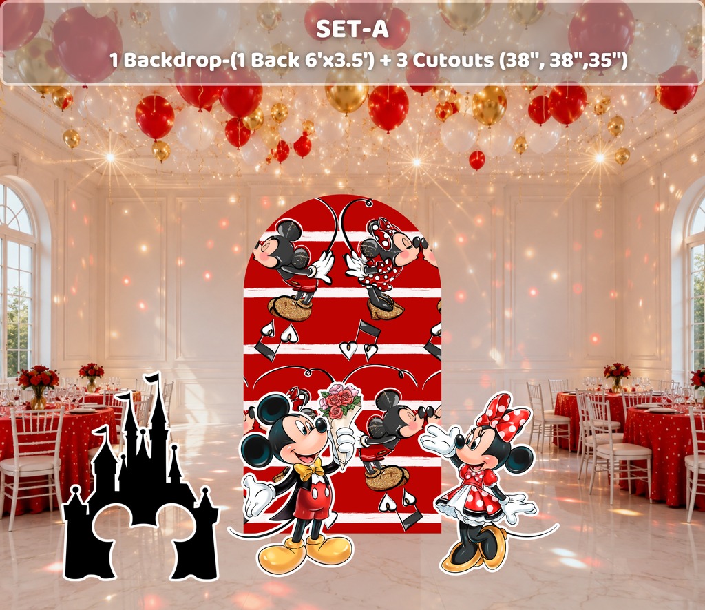 Red classic mouse birthday backdrop with striped panel, character cutouts and coordinated red party decorations
