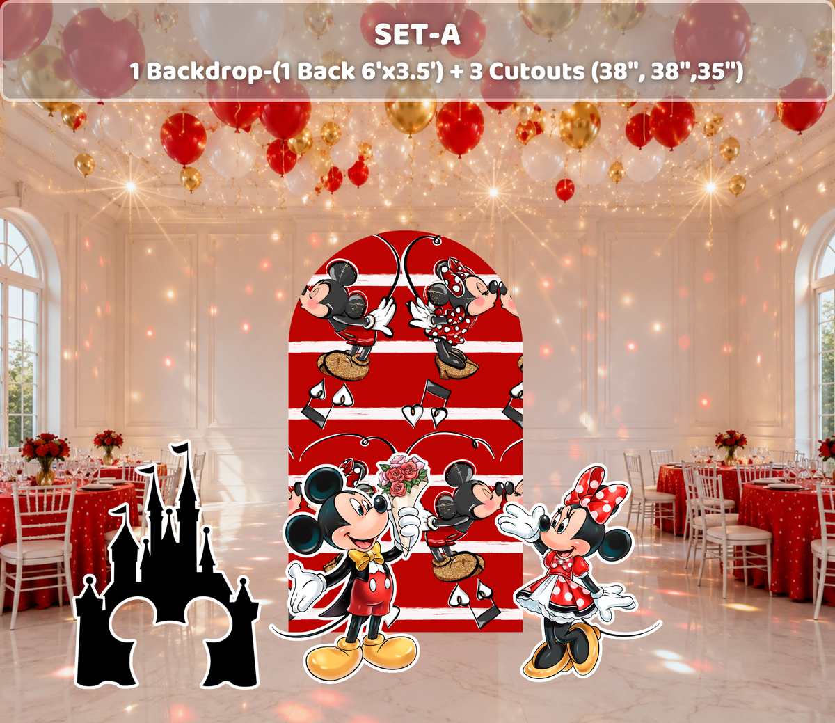 Red classic mouse birthday backdrop with striped panel, character cutouts and coordinated red party decorations