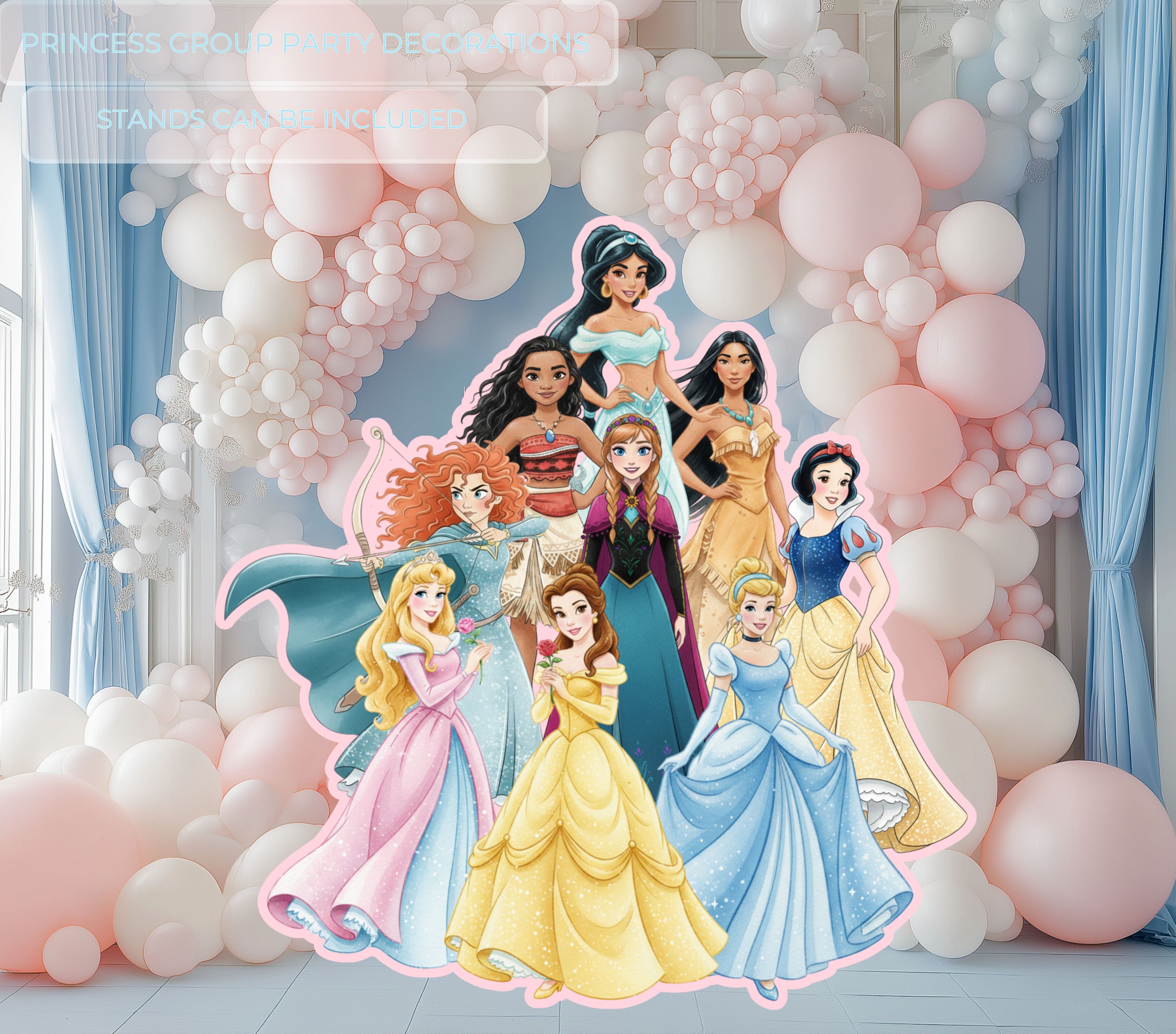 Large princess birthday cutouts displayed with pastel pink white and blue balloon decor for an elegant girls birthday party.