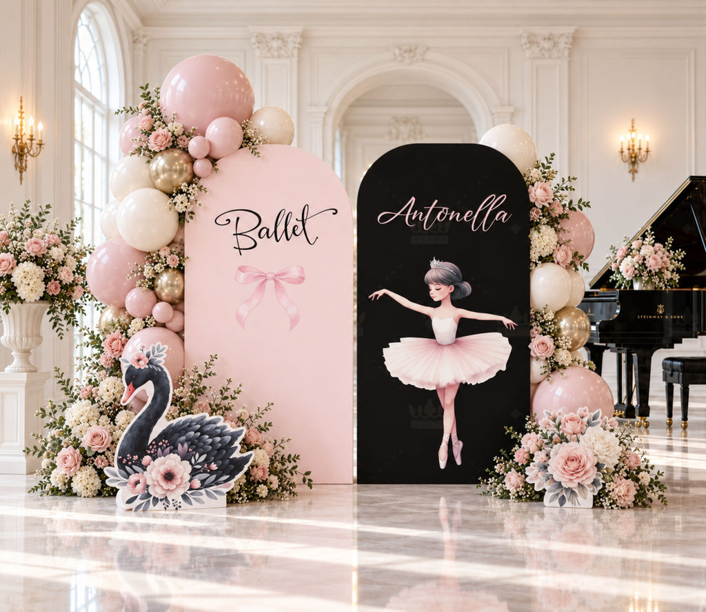 Black and pink ballerina party backdrop with elegant dance silhouette, floral accents and modern birthday decor.