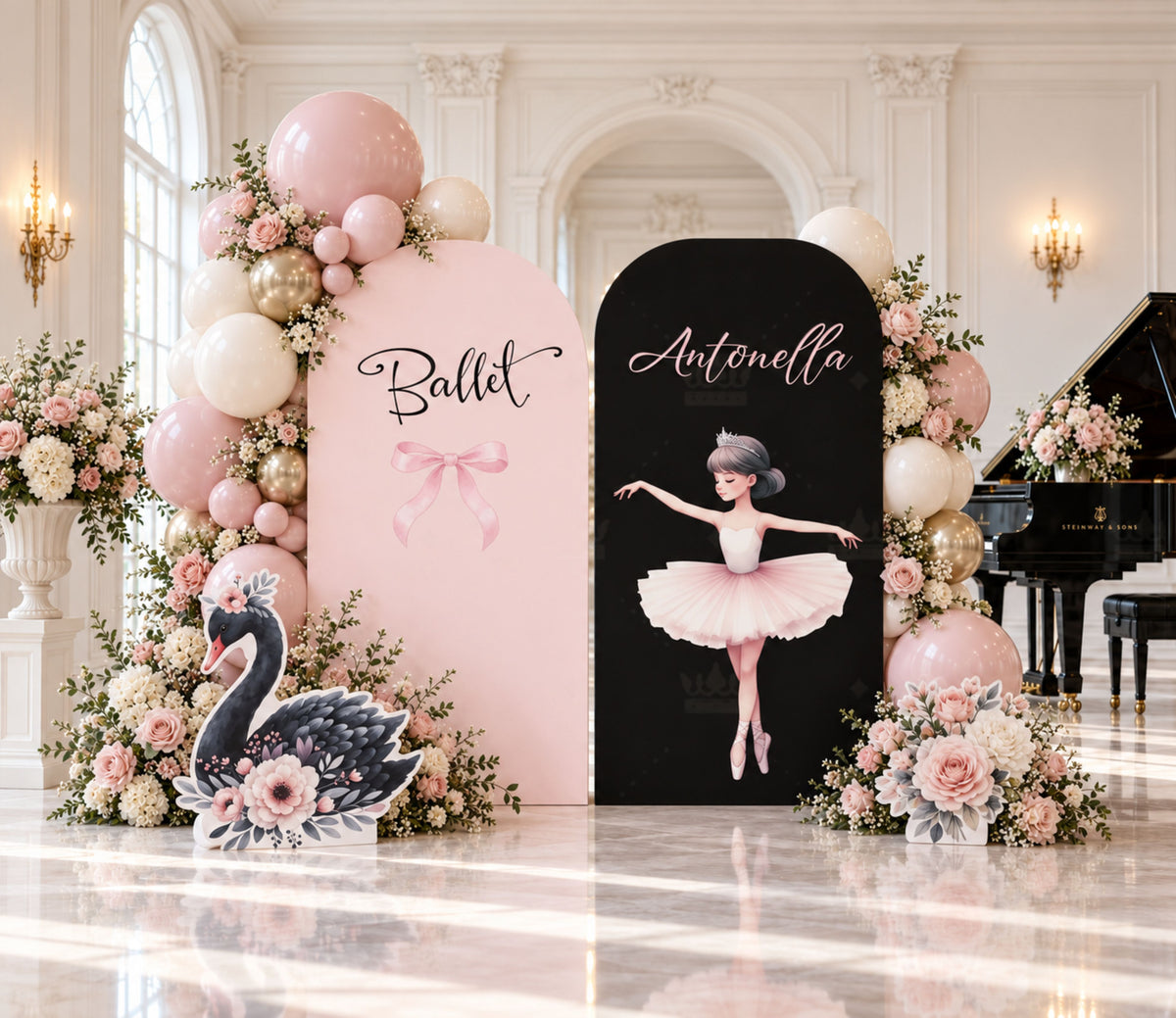 Black and pink ballerina party backdrop with elegant dance silhouette, floral accents and modern birthday decor.