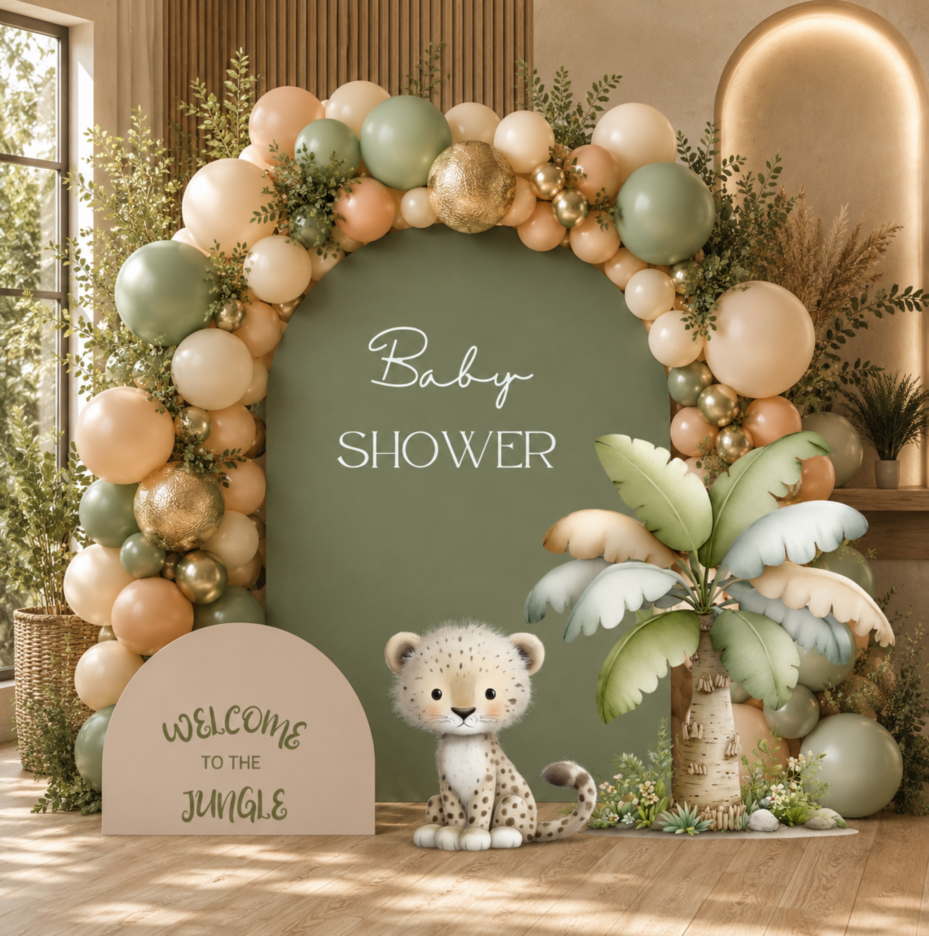 Cute safari party backdrop with sage green double arches, jungle animal cutouts and neutral balloon decor for a baby shower or birthday setup.