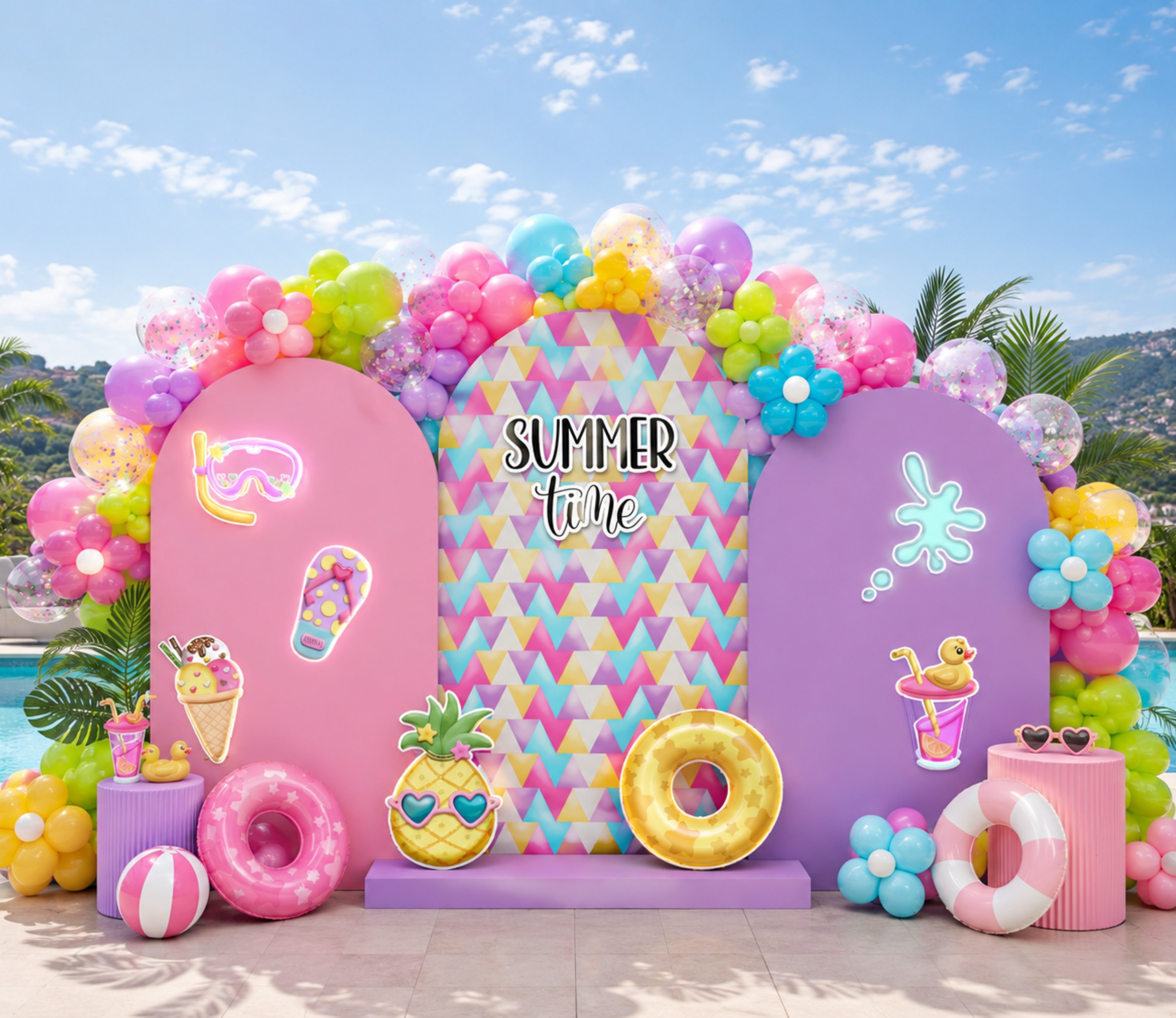 Pink and purple summer party backdrop with bright balloon garland, tropical accents and personalized birthday decorations.