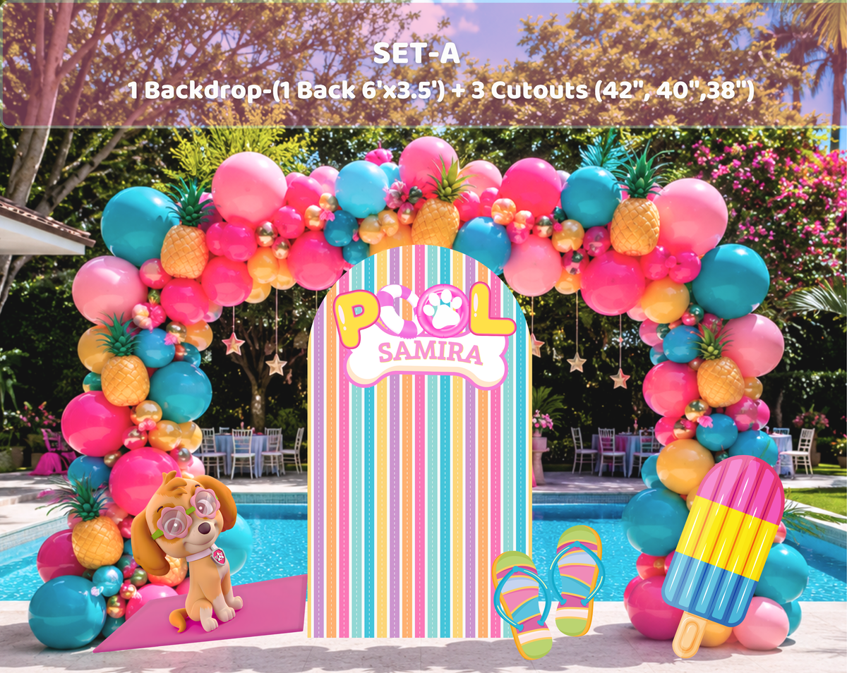 Colorful puppy pool party backdrop with rainbow balloon garland, striped arch design and bright summer birthday decorations.