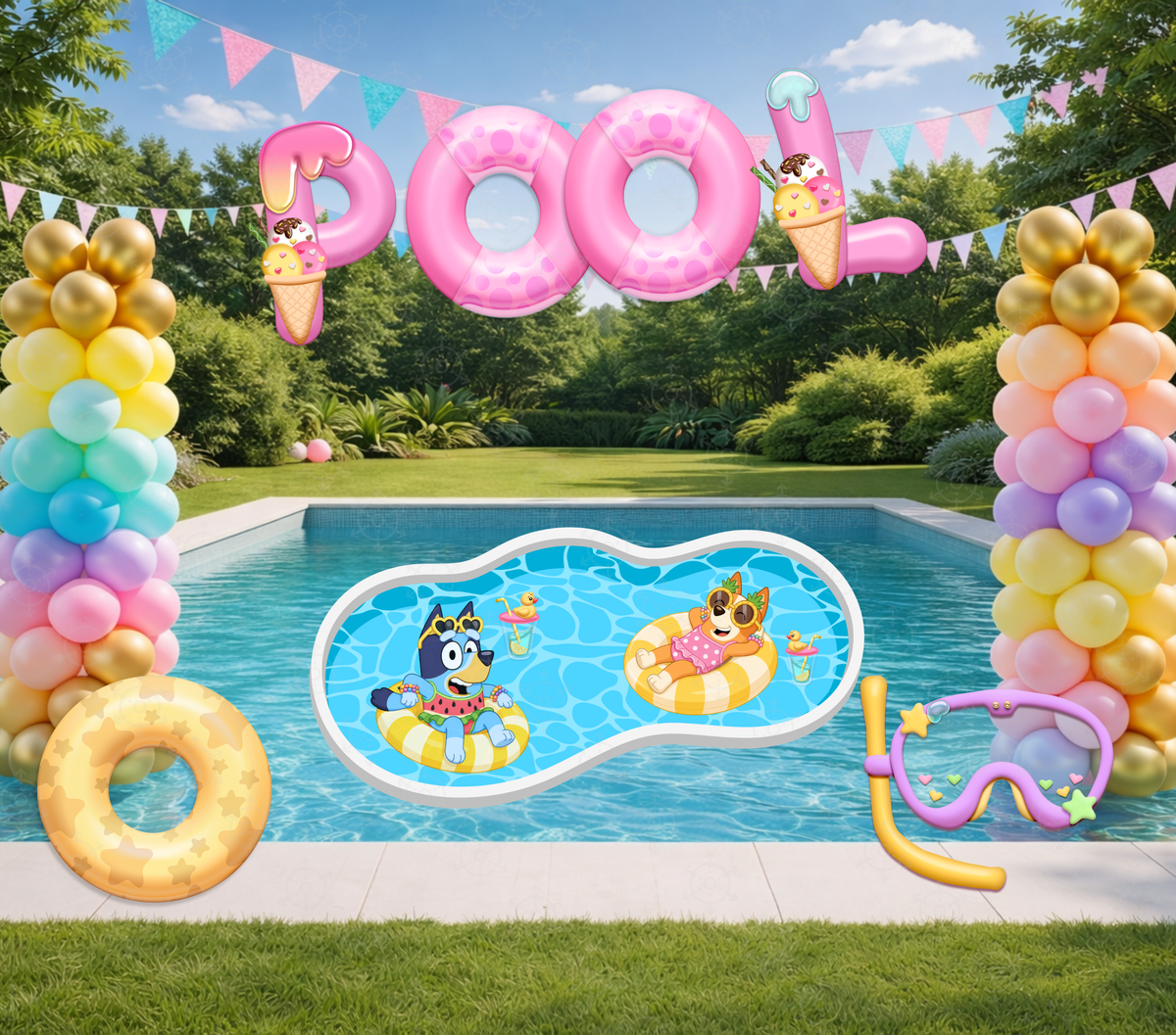 Personalized Blue Puppy Pool Party Backdrop & Cutouts | Summer Birthday Party Decorations