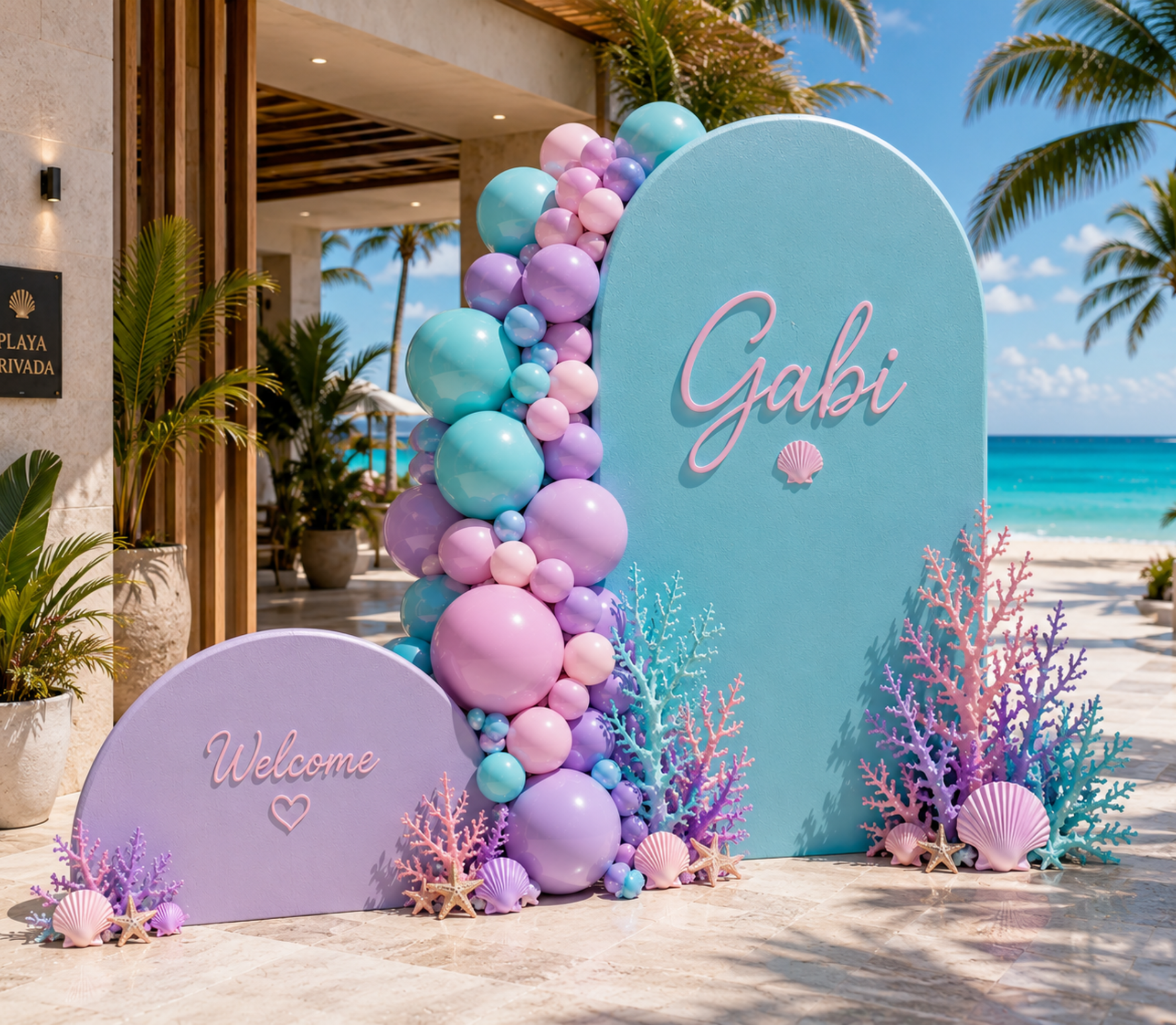 Aqua Gabby's Dollhouse mermaid pool party backdrop with pastel balloons and ocean character decorations