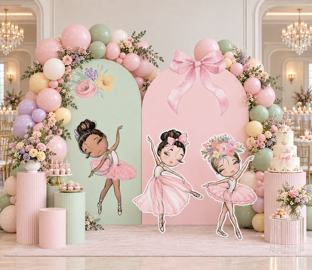 Pastel ballerina birthday setup with pink arch panels, floral balloon decor and matching ballet character cutouts.