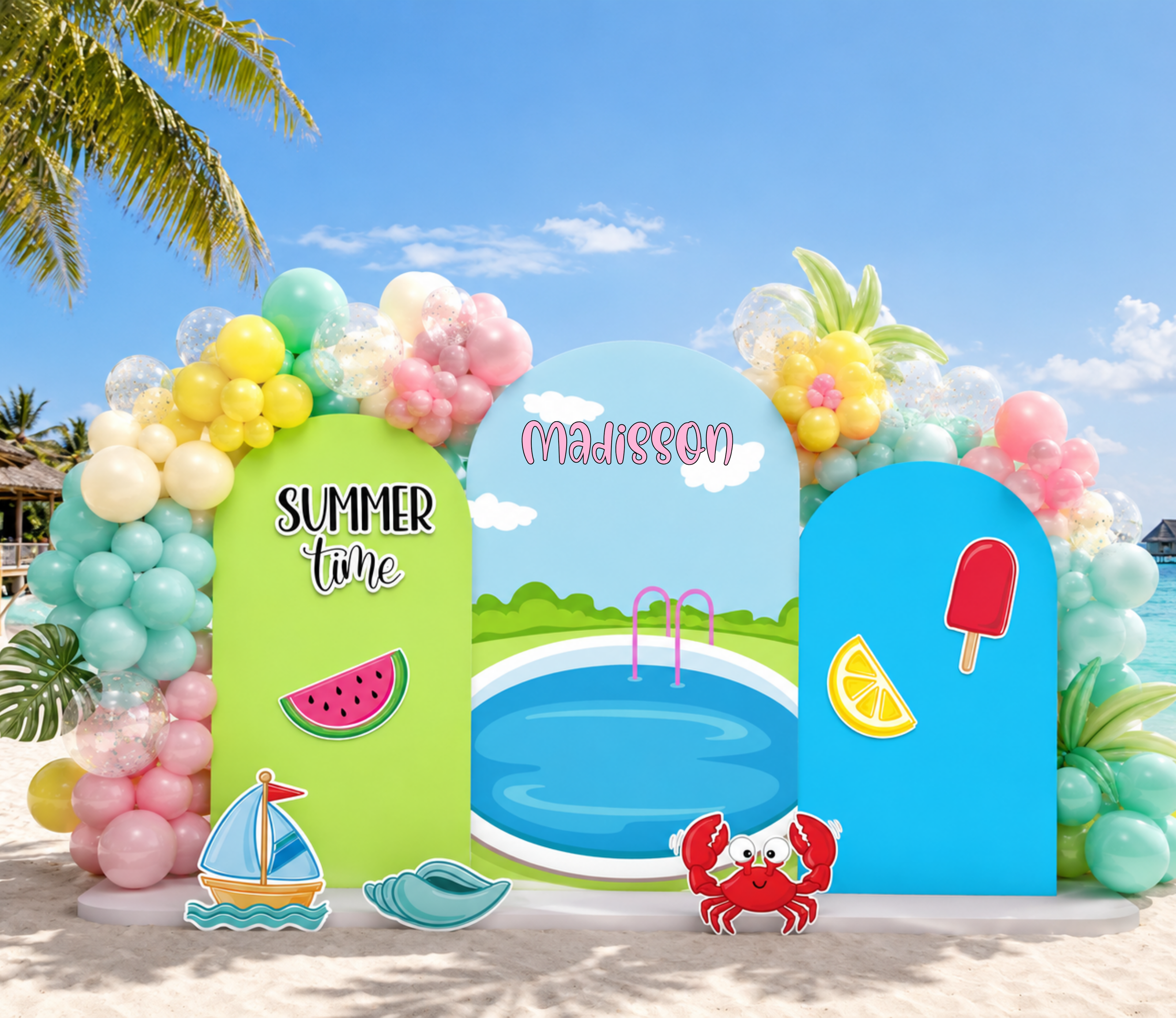 Summer birthday backdrop with bright tropical arch panels, beach ball details and personalized pool party decor for a kids celebration.