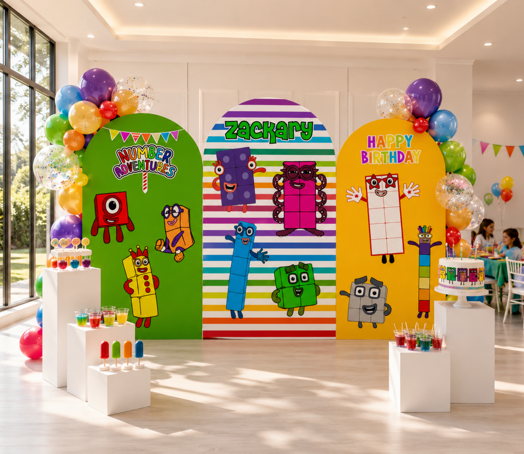 Personalized Numberblocks birthday backdrop and cutouts with colorful number characters, bright balloon garland and modern kids party decorations.