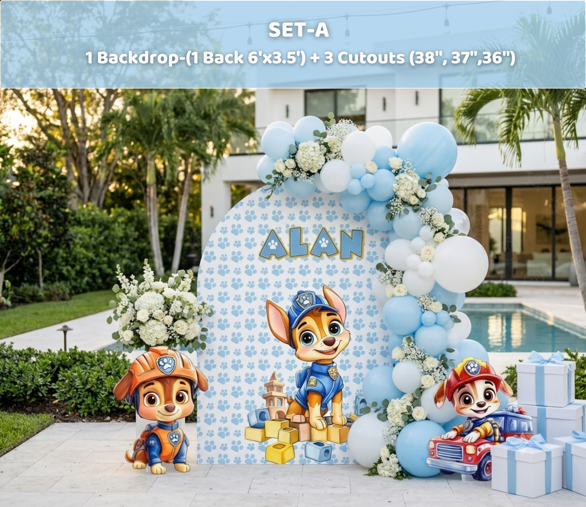 Blue puppy rescue party backdrop with matching character cutouts and birthday decorations