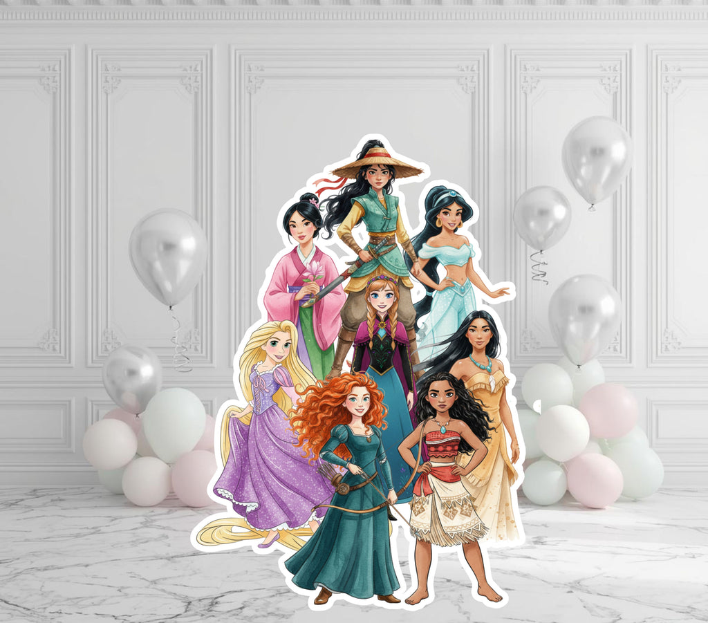 Freestanding princess birthday cutouts displayed in a modern white party venue with soft pastel balloon decorations.