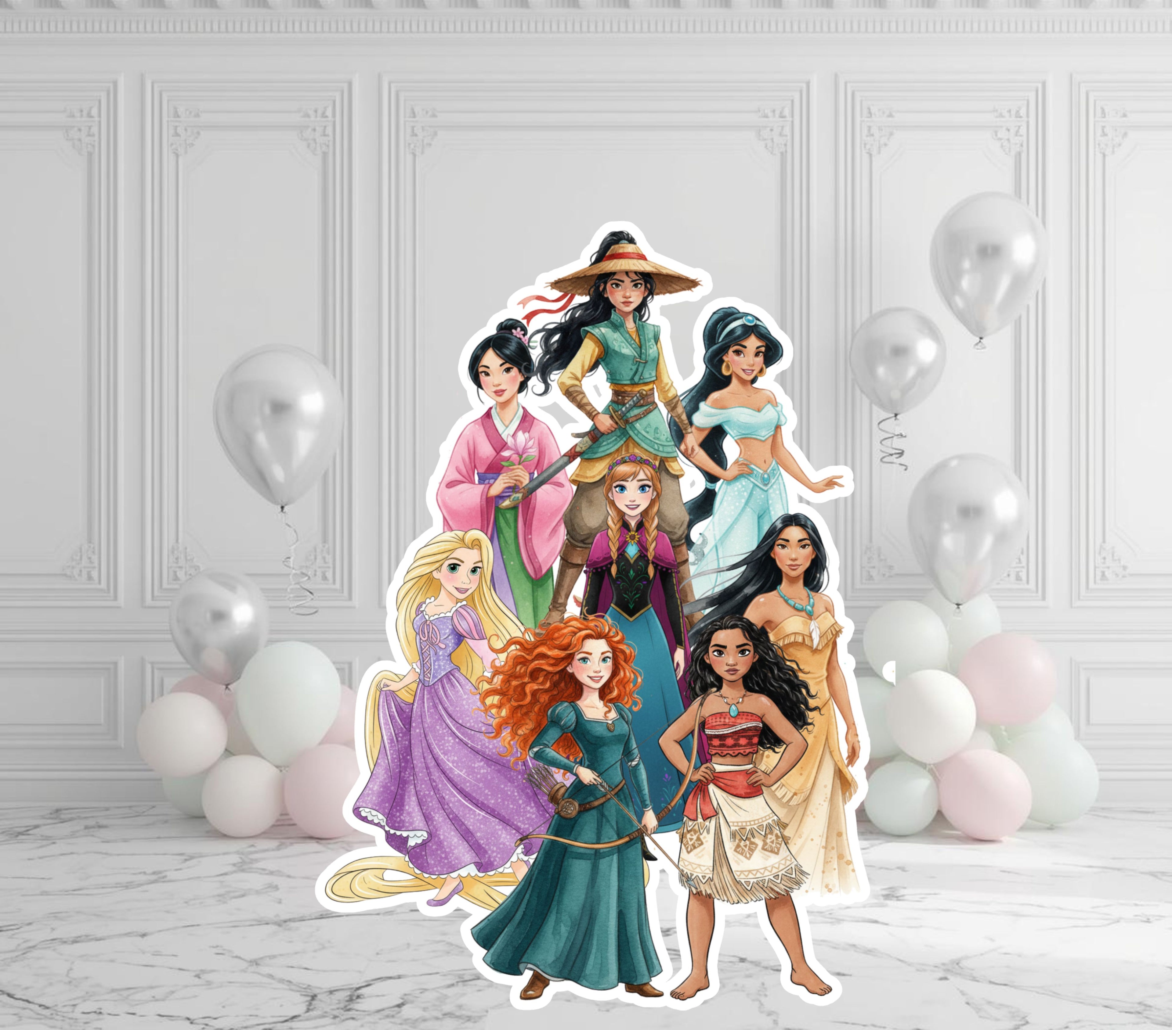 Freestanding princess birthday cutouts displayed in a modern white party venue with soft pastel balloon decorations.