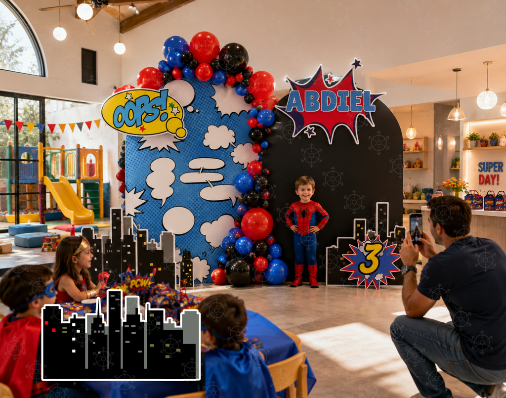 Superhero First Birthday Backdrop & Cutouts | Personalized Comic City Party Decorations