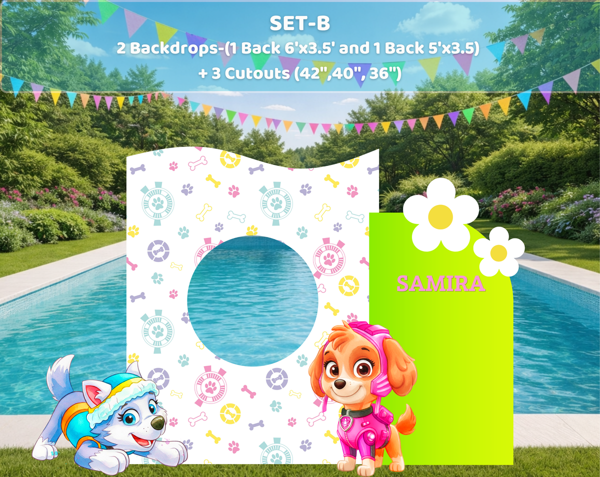 Outdoor puppy rescue birthday backdrop with white arch panel, colorful balloon accents and playful summer party decor.