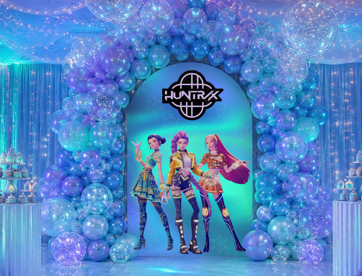 Blue and purple teen idol birthday backdrop with fantasy concert graphics, personalized name and matching standee cutouts.