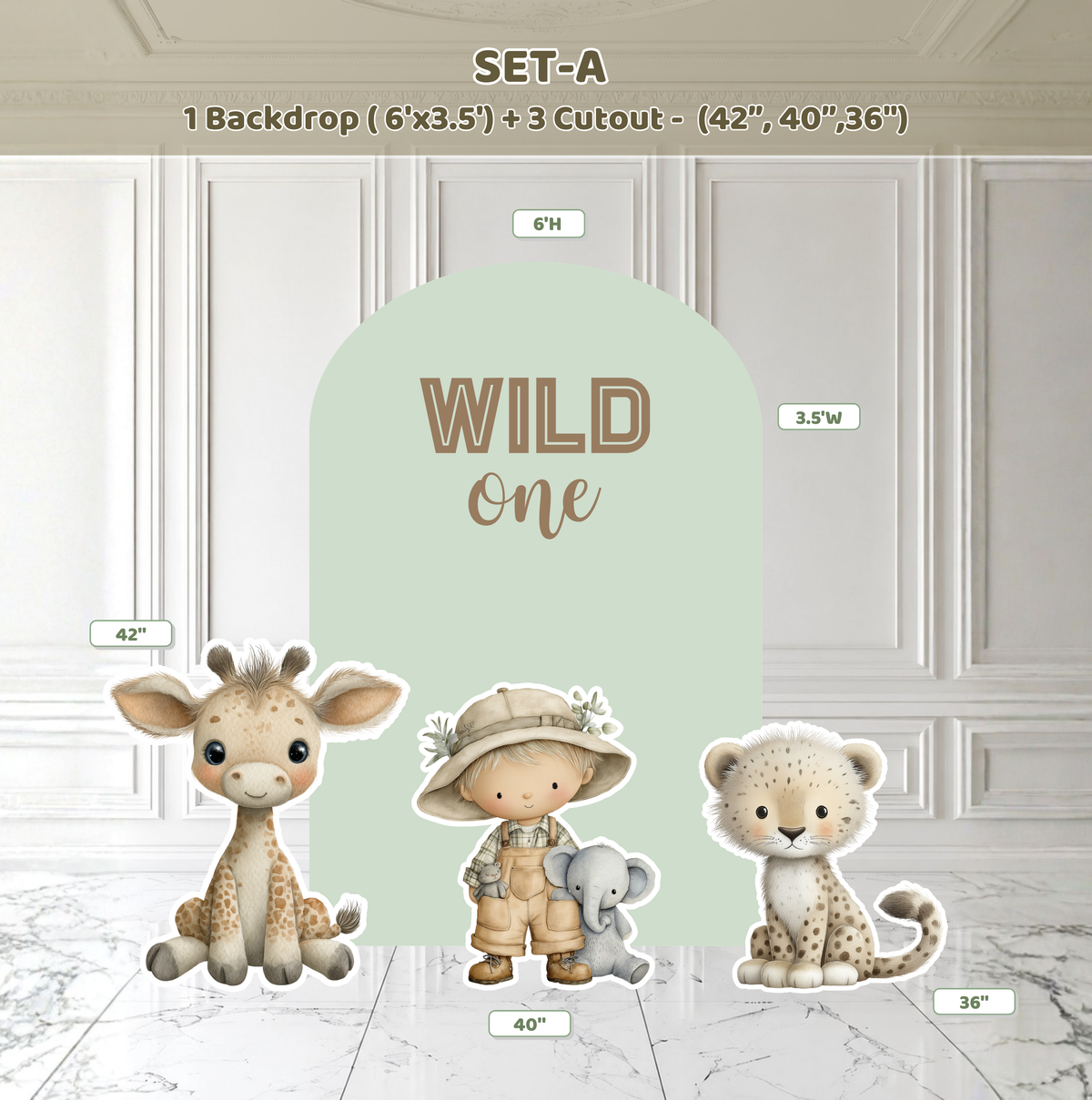 Personalized safari baby shower backdrop with round green panel, neutral balloons, baby animal cutouts and elegant jungle party styling.