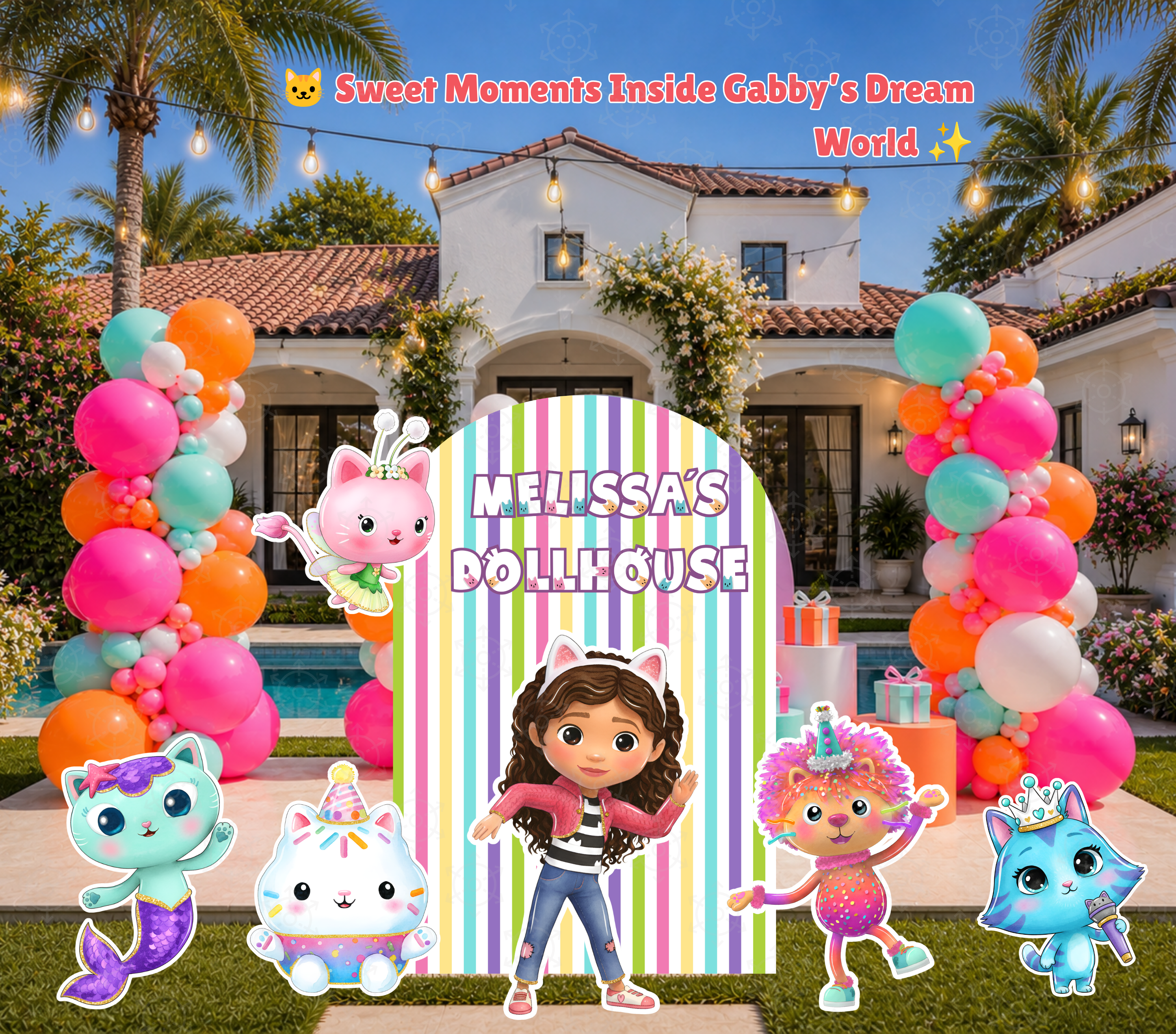 Dollhouse Birthday Backdrop & Character Cutouts | Personalized Kids Party Decorations