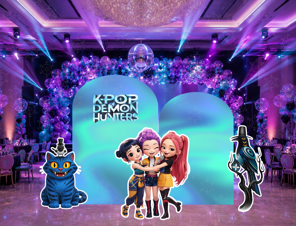 Chibi teen idol birthday setup with glowing concert backdrop, purple lighting and performer standee cutouts for a custom party display.