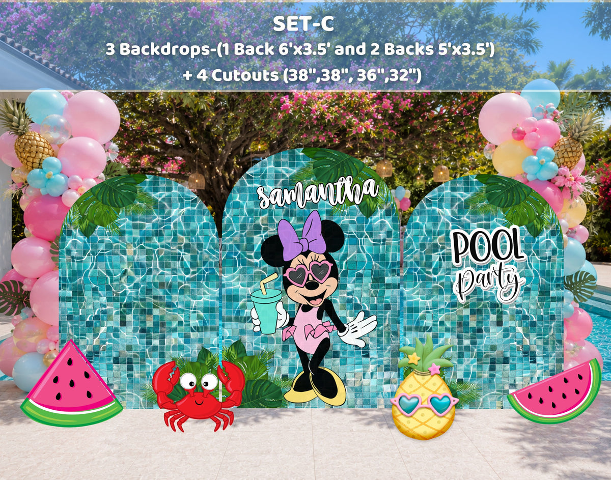 Minnie Mouse birthday backdrop with turquoise tropical leaves, bright floral accents and colorful pool party decorations for a summer celebration.