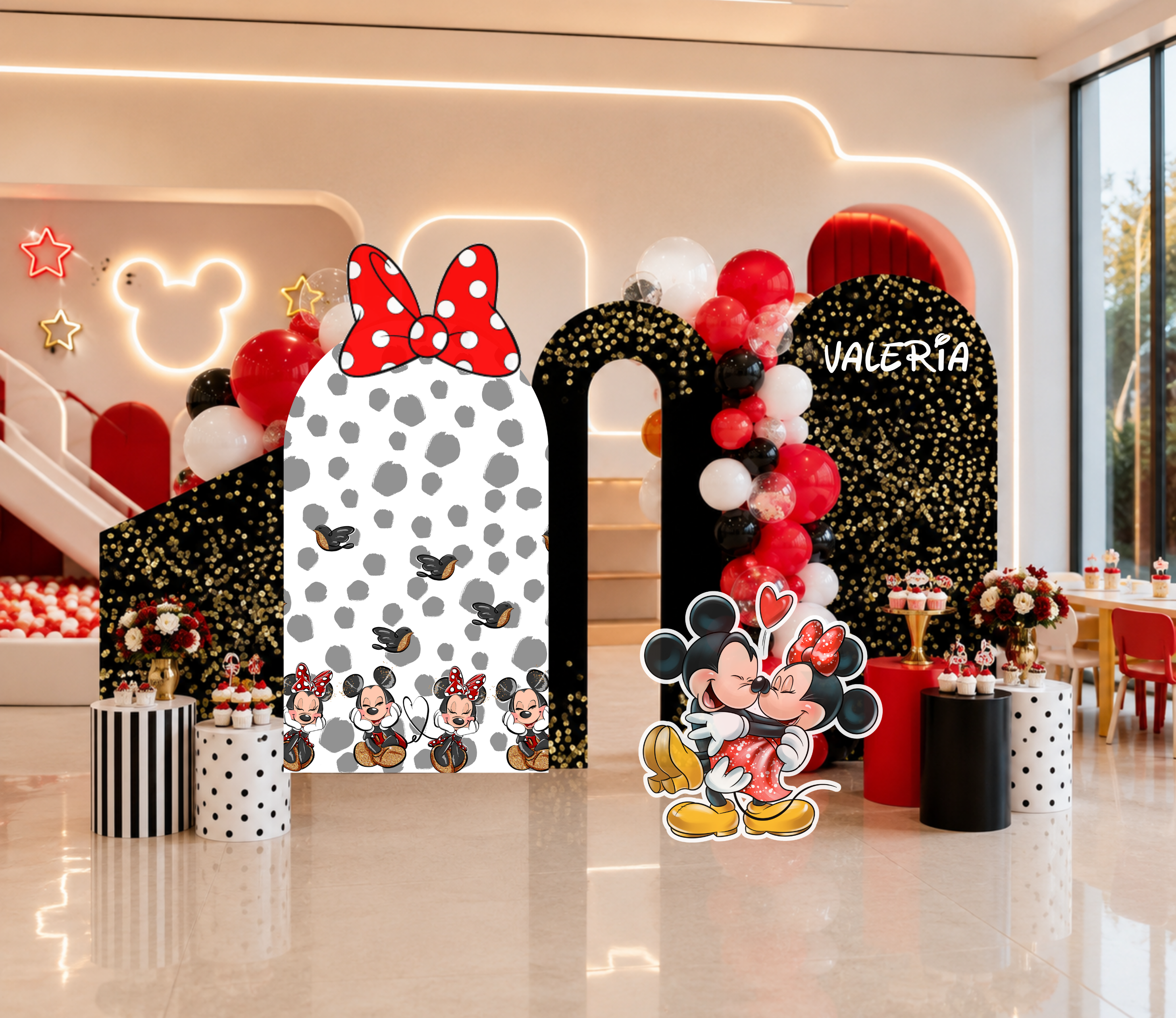 Classic mouse party backdrop set with black, white polka dot and red panels, balloons and character cutouts
