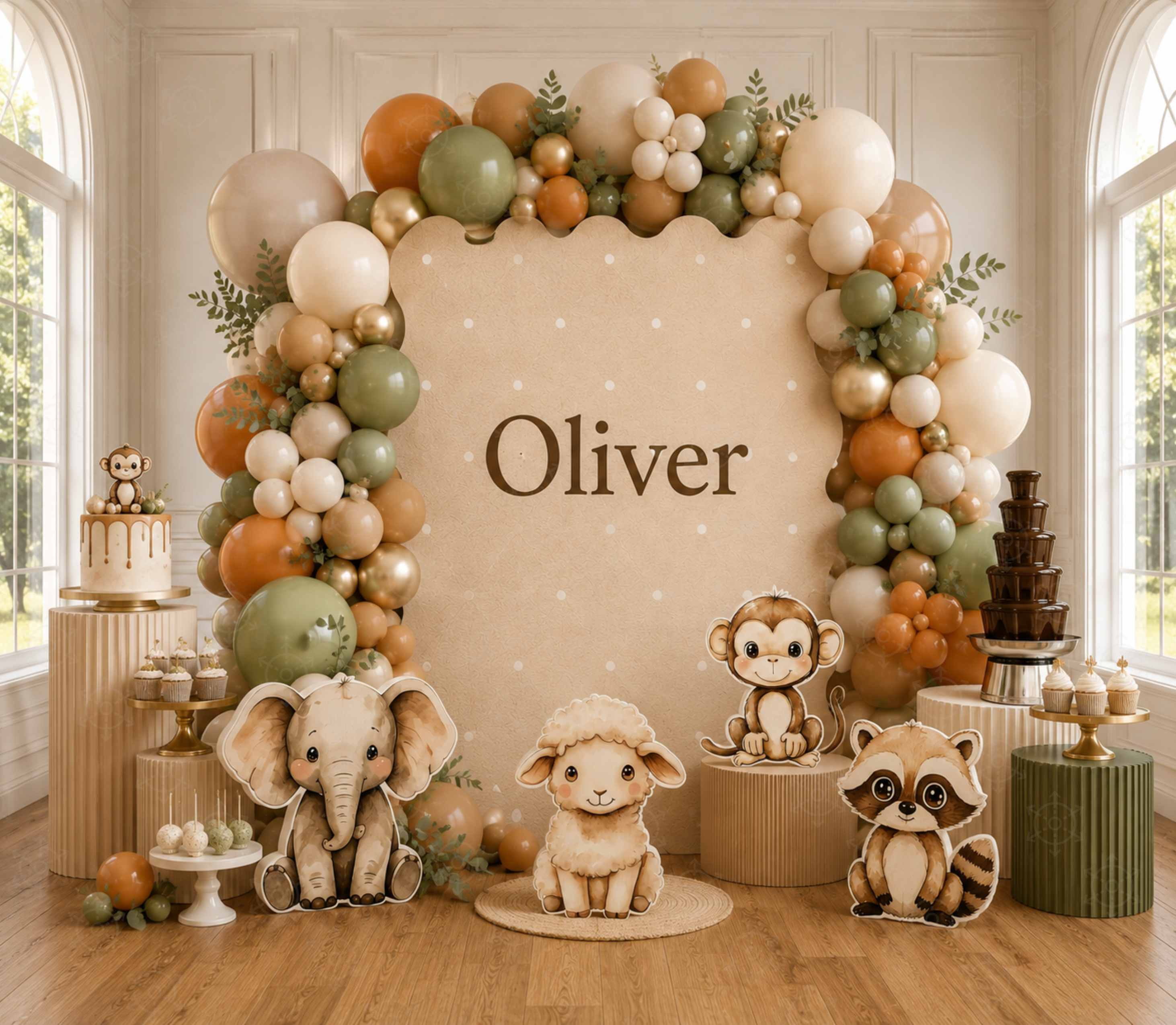 Personalized Oliver little animal friends backdrop with warm neutral balloons and woodland animal cutouts