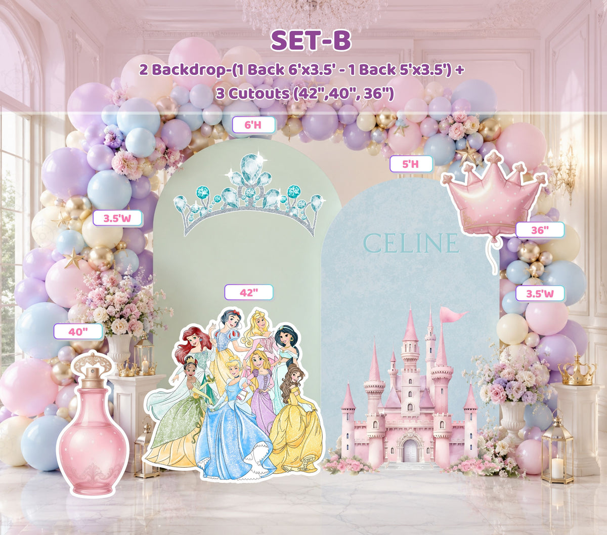 Pastel princess birthday backdrop with blue arch panel, floral balloon garland and princess cutouts for a girls birthday party.
