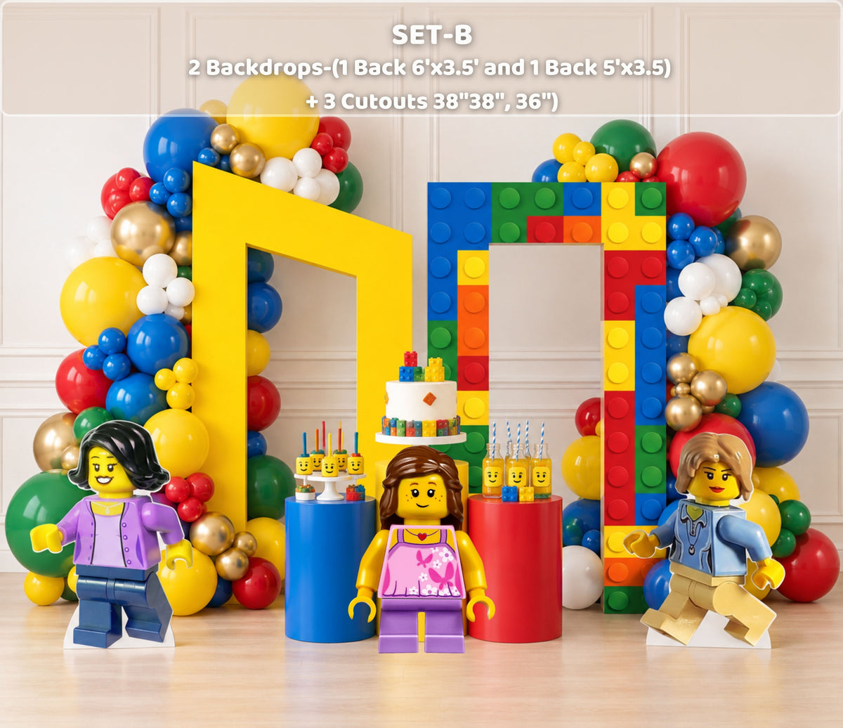 Personalized building block party backdrop with bright primary colors, block inspired arch panels and colorful balloon decor.