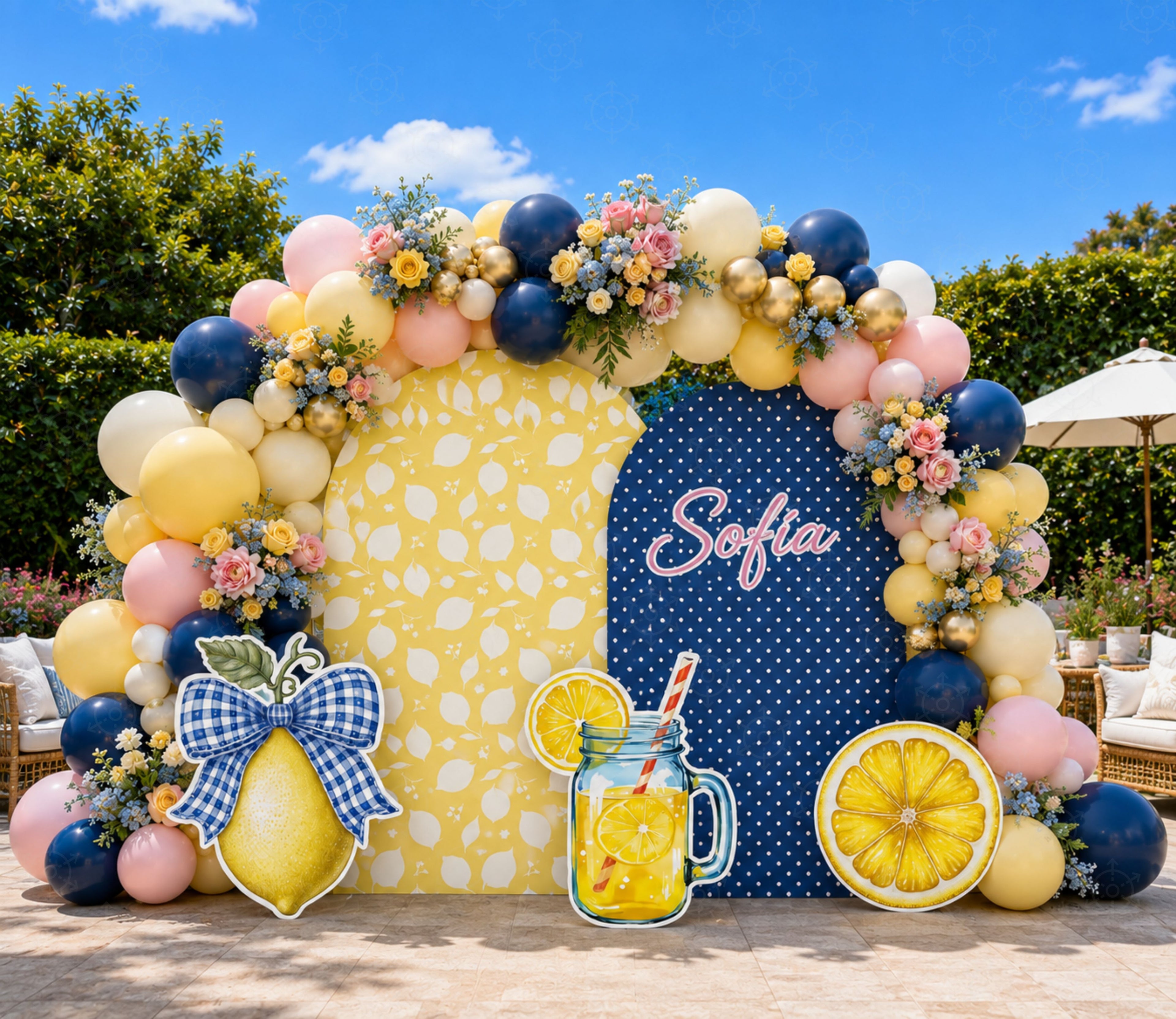 Navy blue lemon party backdrop with yellow and blue balloon garland and citrus decorations