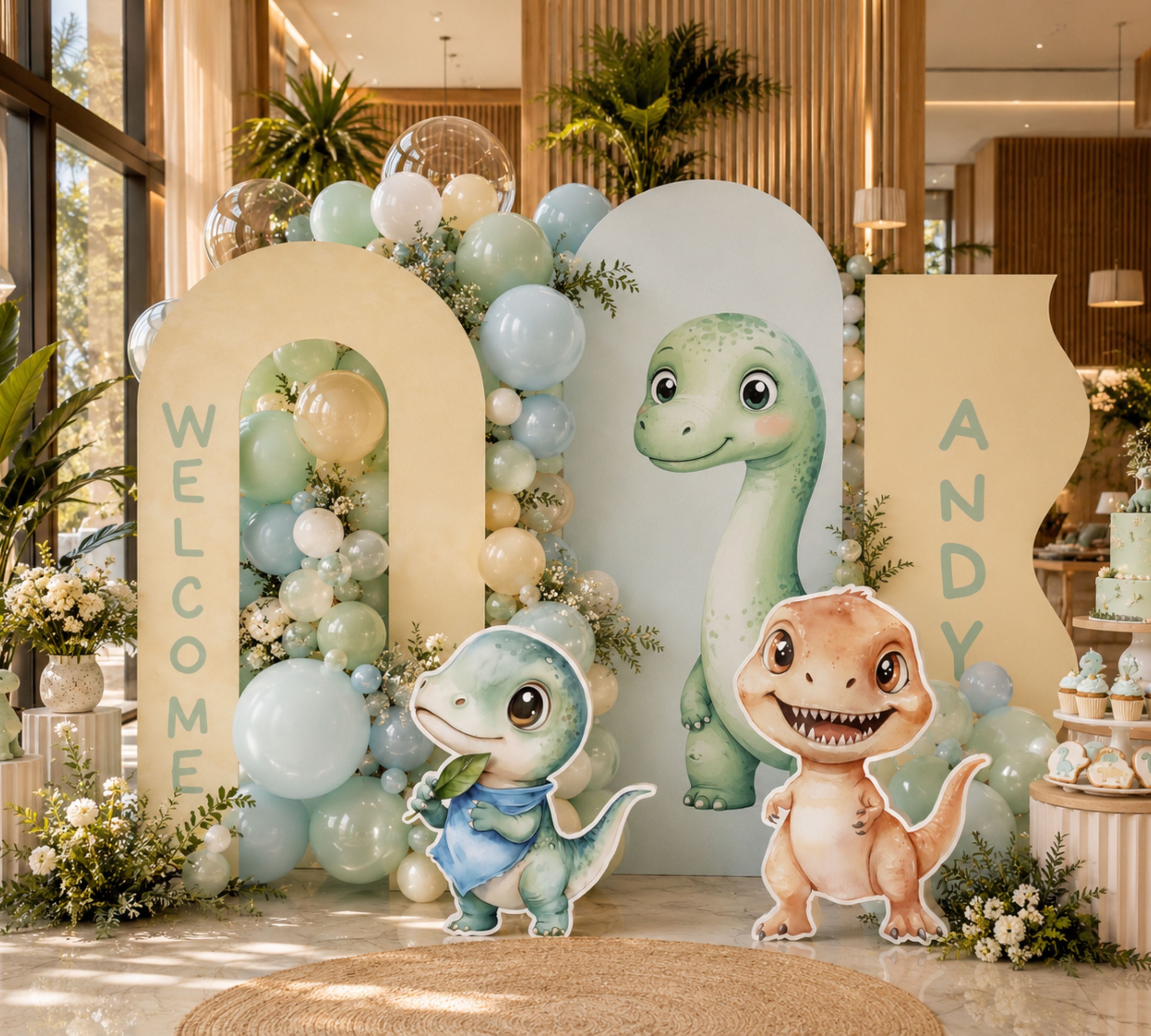 Personalized dinosaur party backdrop with green arch panels, pastel balloon clusters and cute baby dinosaur cutouts for a first birthday setup.