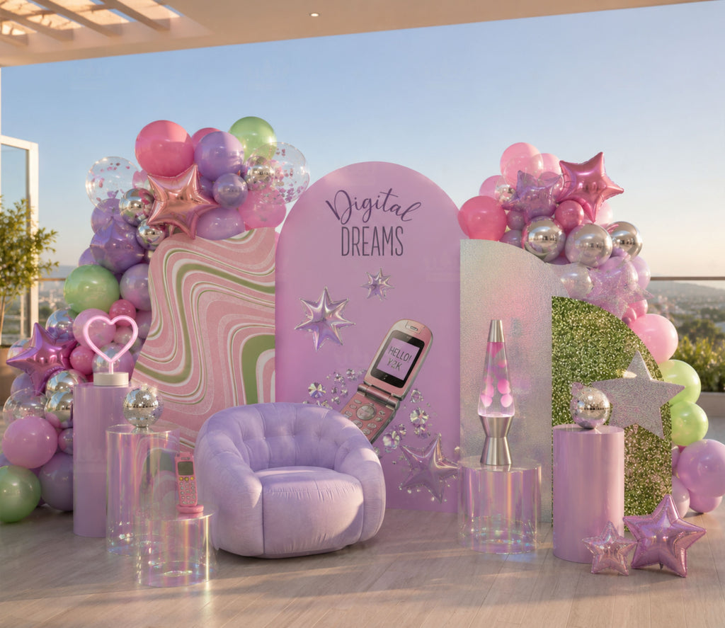Outdoor teen birthday backdrop with lavender arch panels, pastel balloon decor and personalized girly celebration styling.