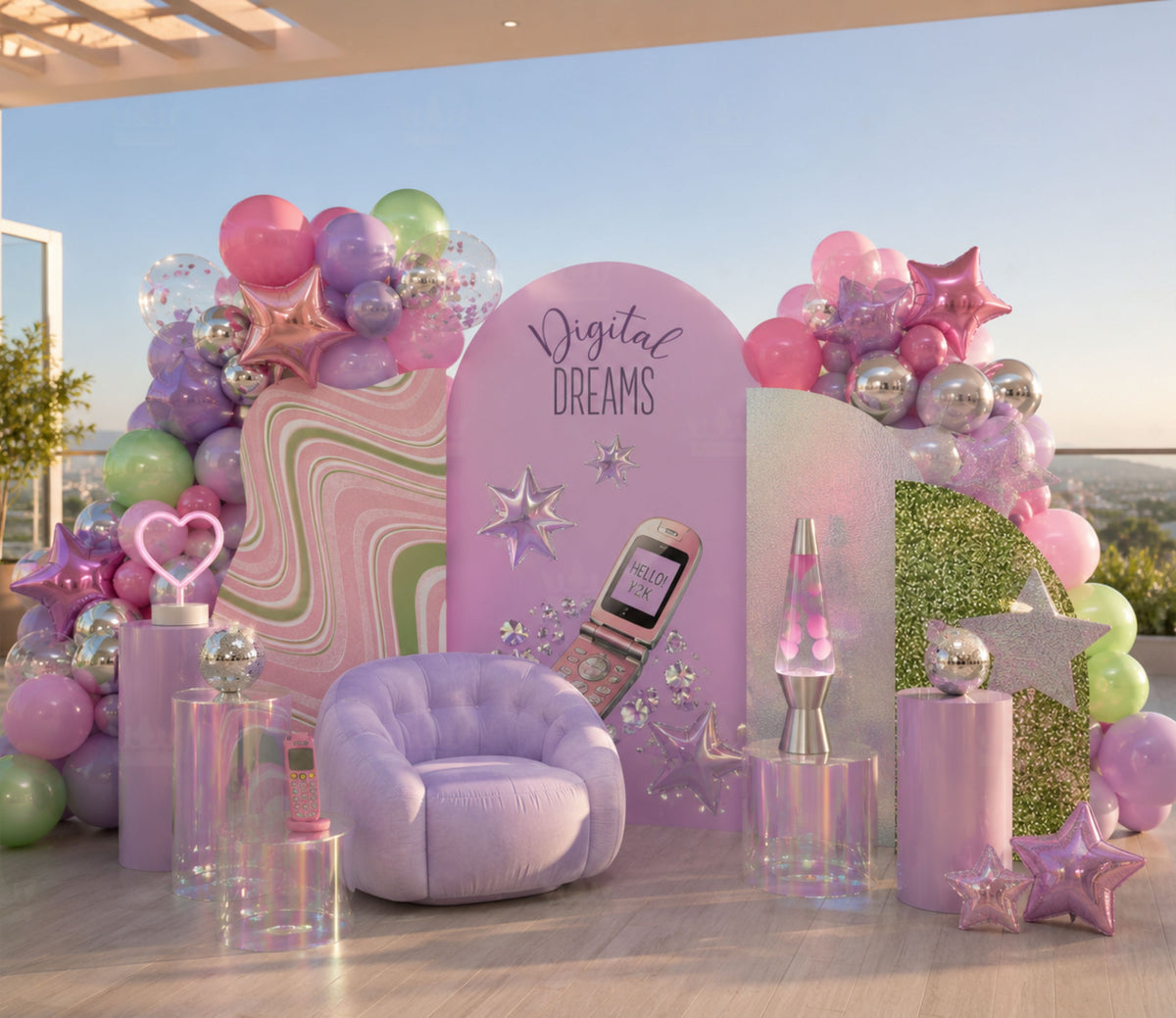 Outdoor teen birthday backdrop with lavender arch panels, pastel balloon decor and personalized girly celebration styling.