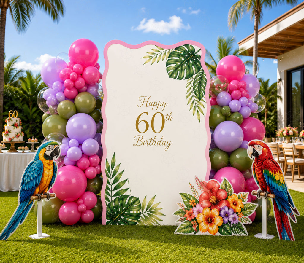 Personalized white tropical bird backdrop with colorful parrots, pink balloons and floral birthday decor