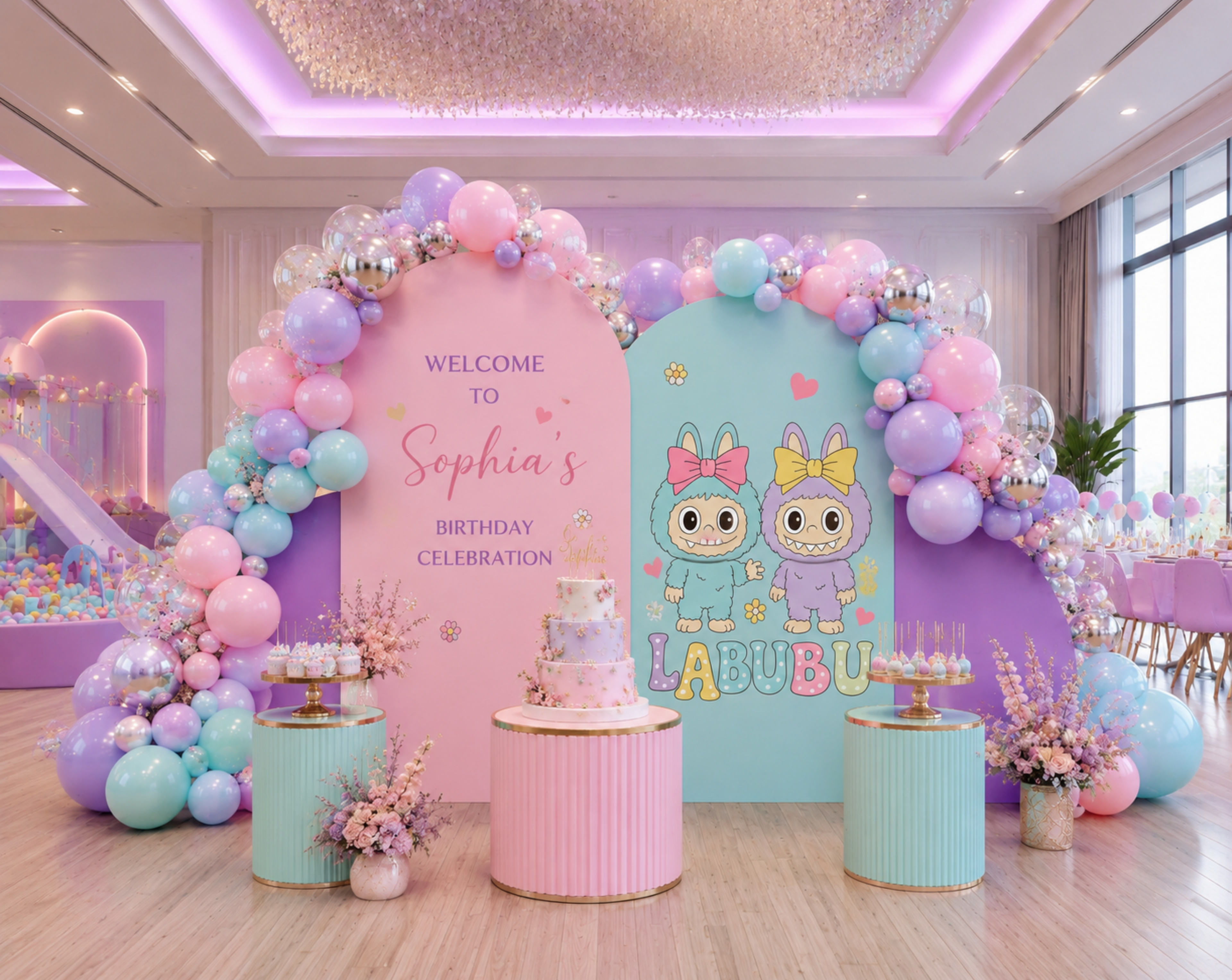 Indoor kawaii monster birthday backdrop with pastel panel set, balloon arch and adorable character decorations for a kids party.