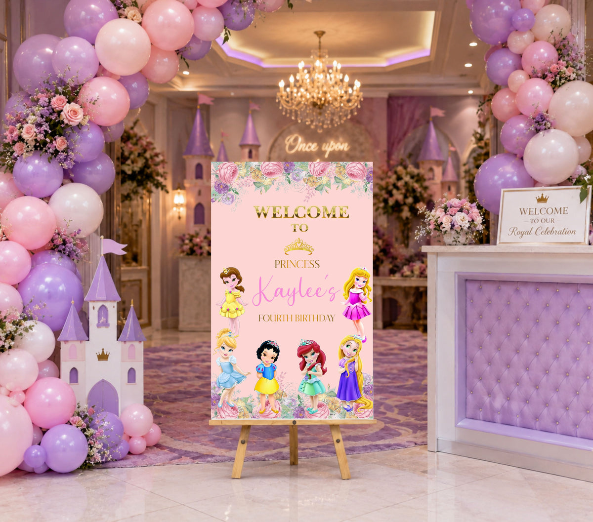 Princess birthday welcome sign with pastel pink and purple styling, floral details and custom personalization for a magical girls celebration.