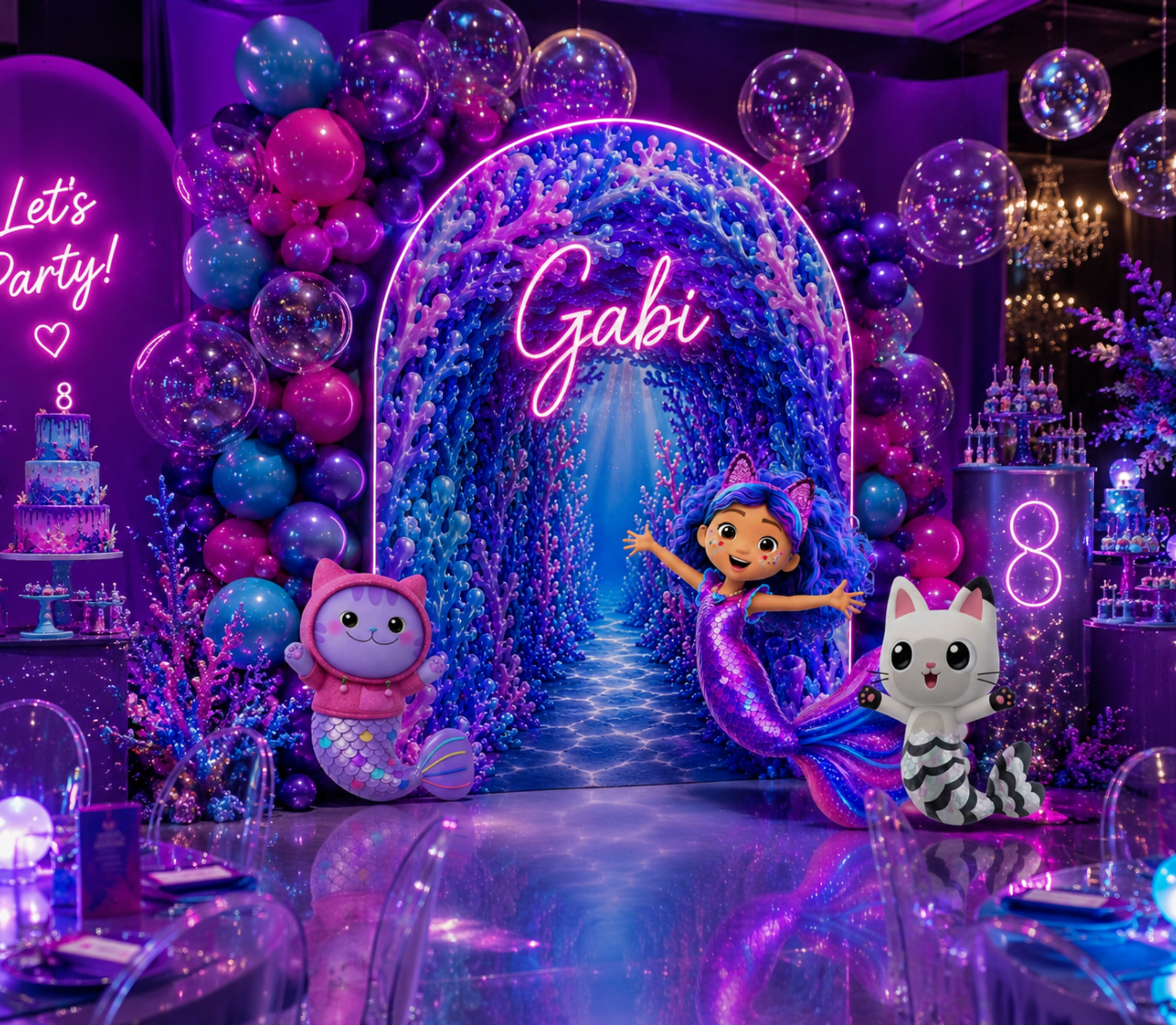 Neon Gabby's Dollhouse mermaid birthday backdrop with blue and purple underwater party decorations
