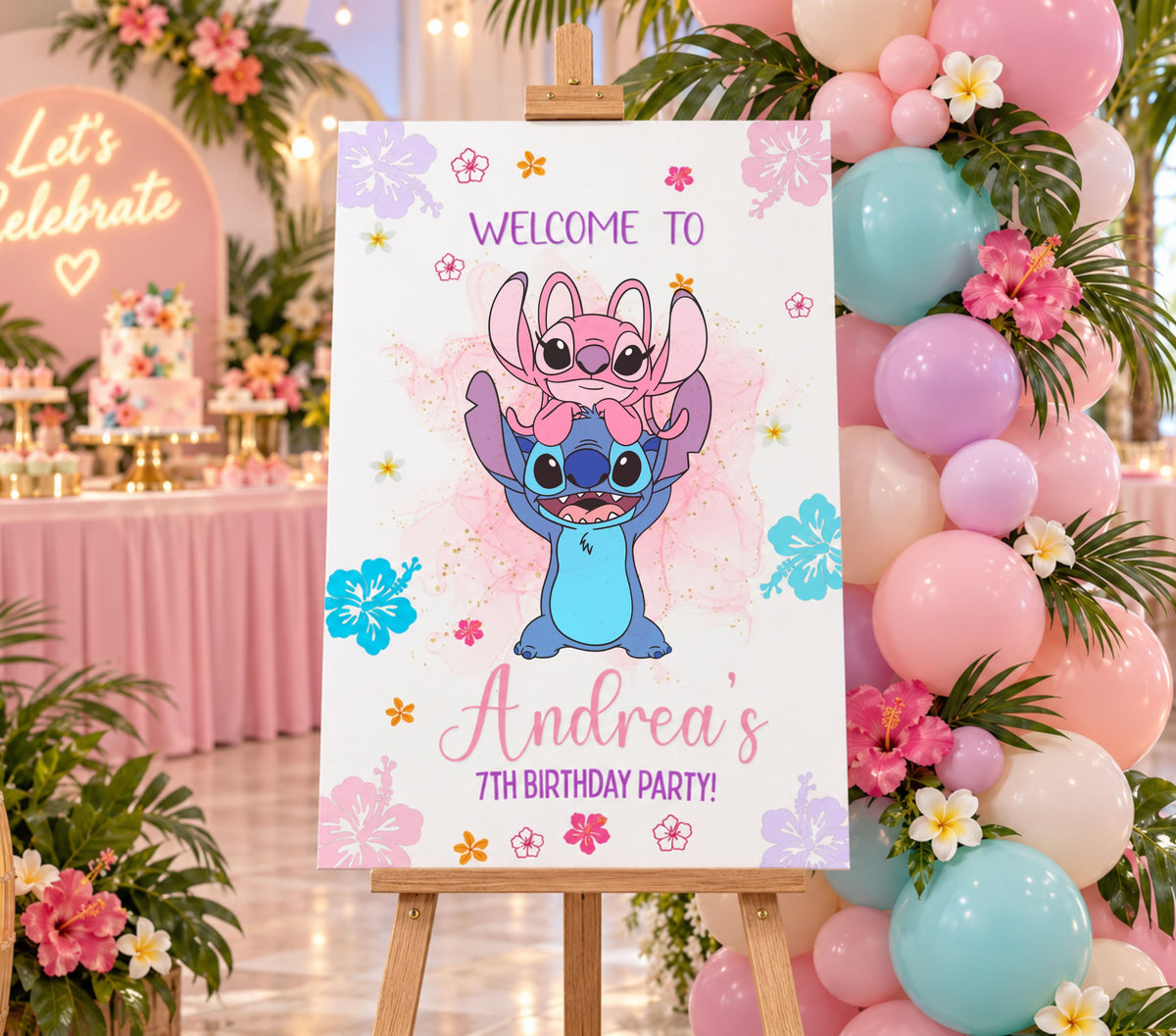 Hawaiian blue alien welcome sign displayed at a kids party with floral decor, balloons and custom birthday personalization.